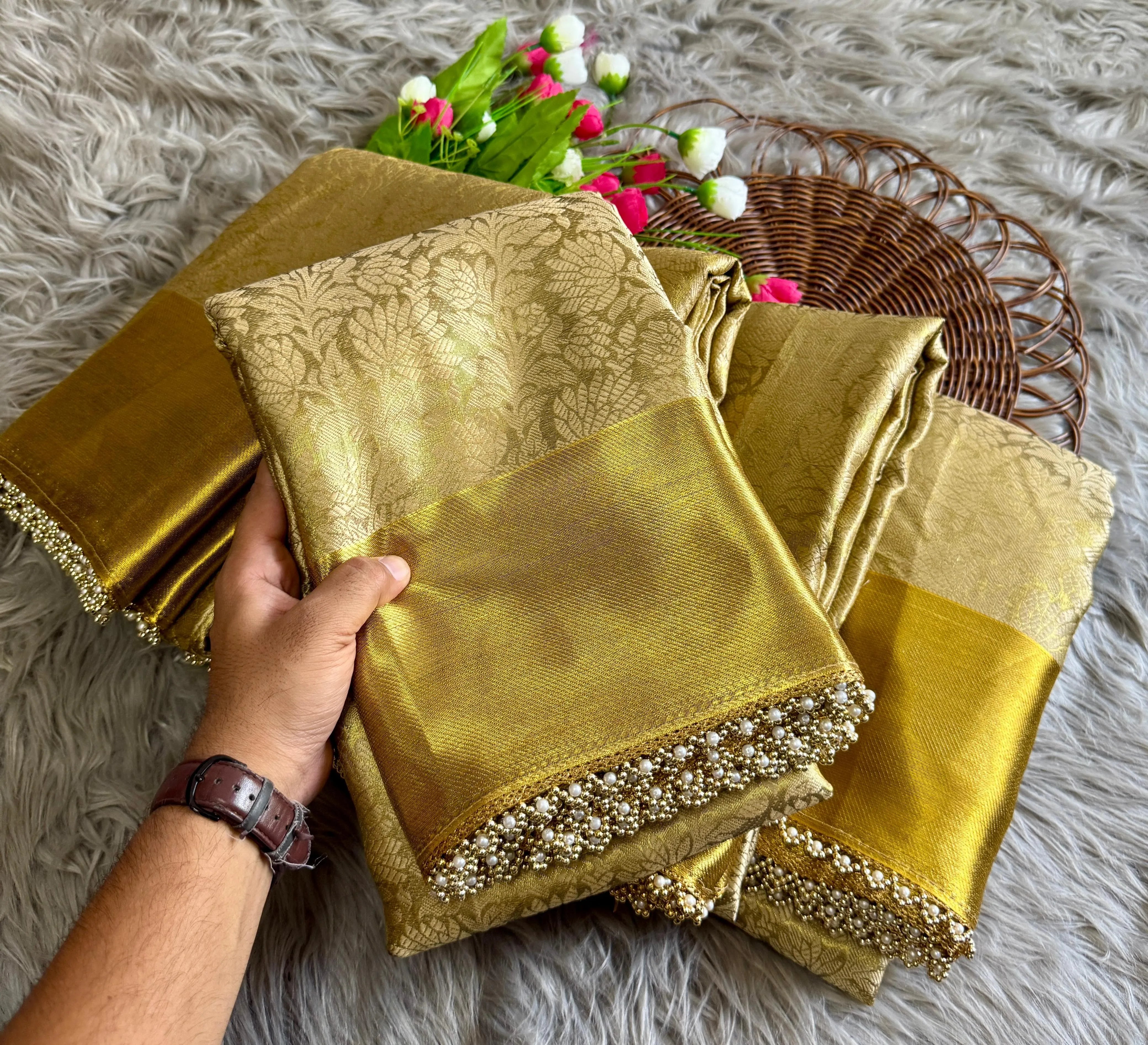 Inspired by Nita Ji Tissue Silk Pearl Border Saree