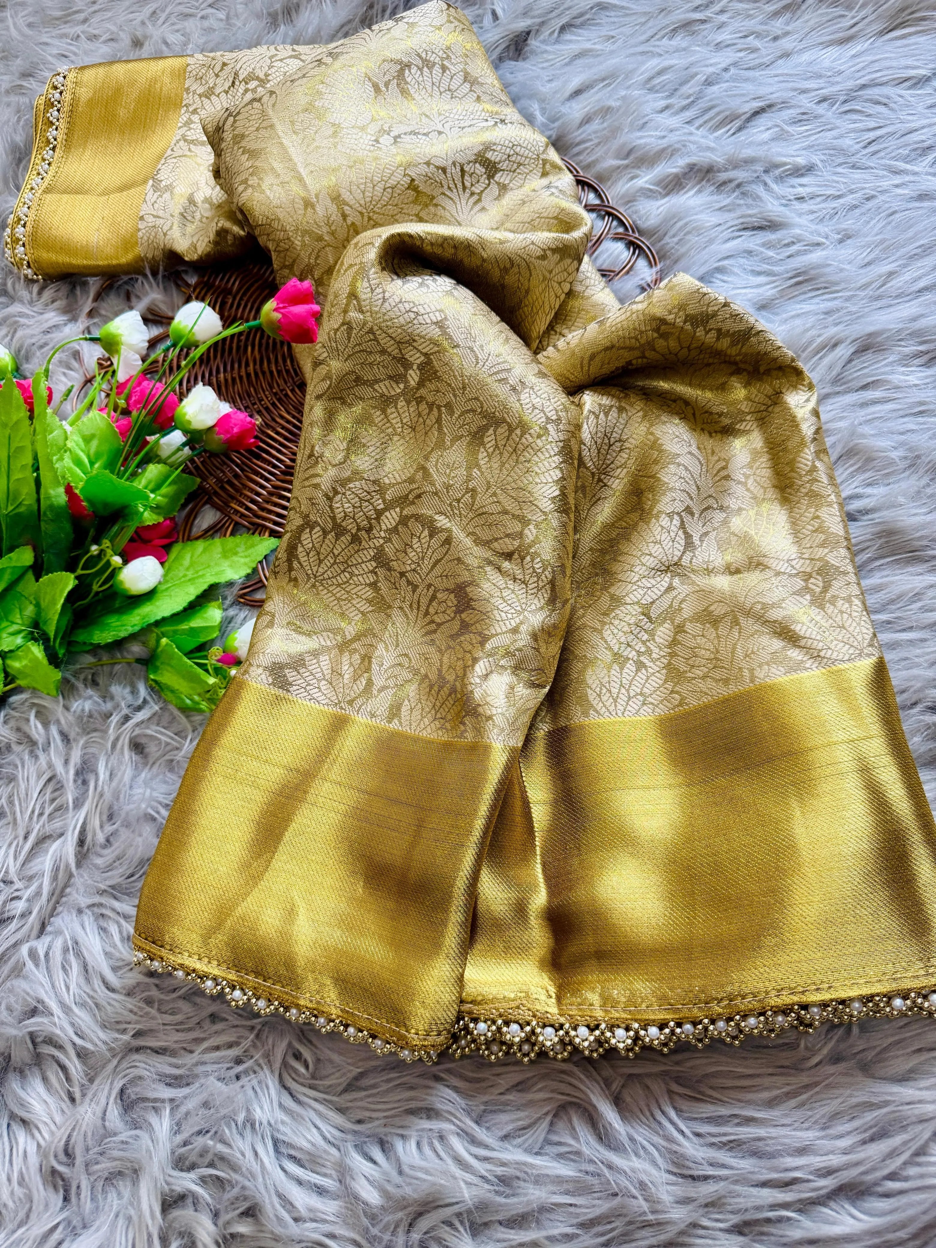 Inspired by Nita Ji Tissue Silk Pearl Border Saree