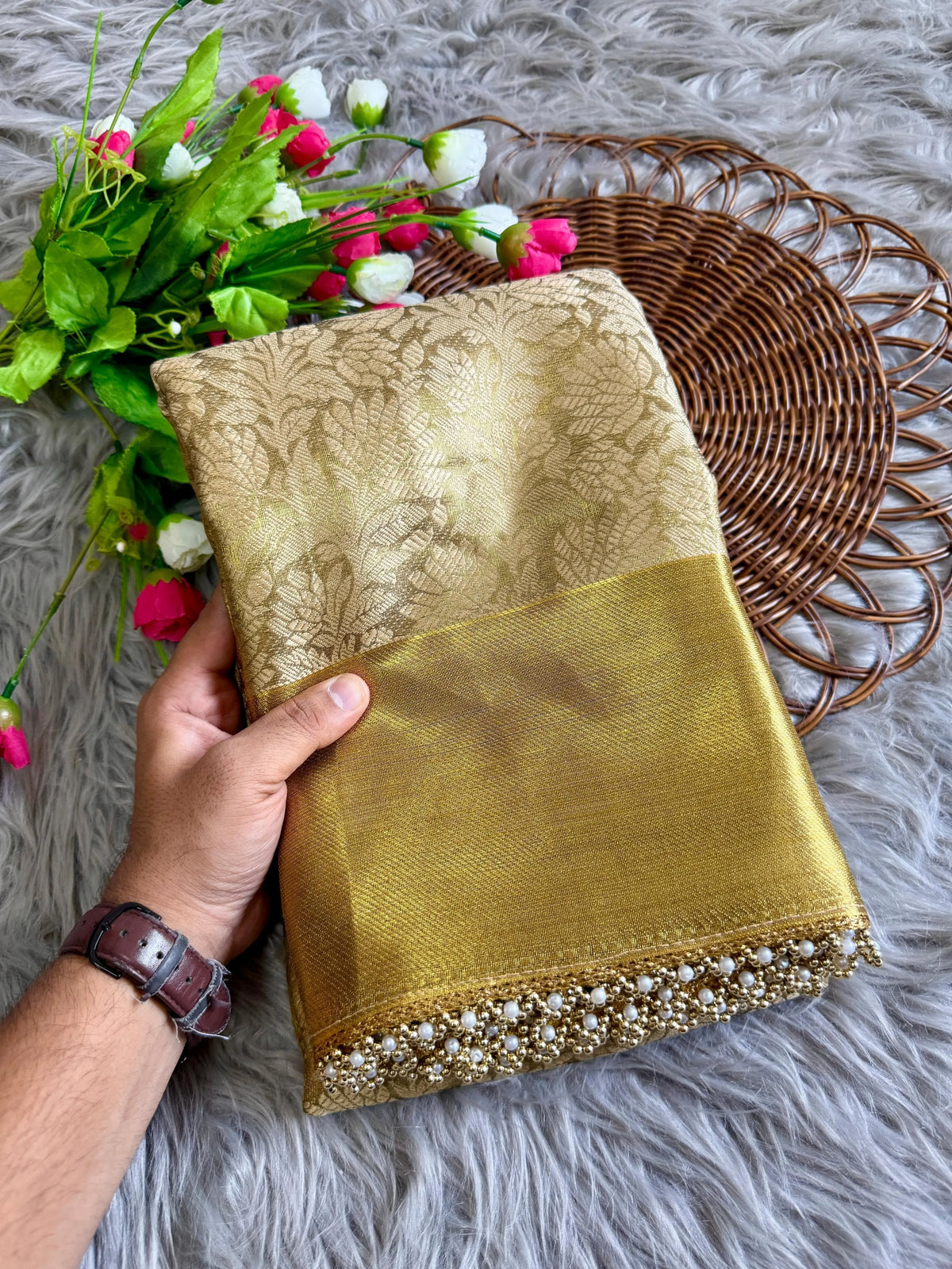 Inspired by Nita Ji Tissue Silk Pearl Border Saree