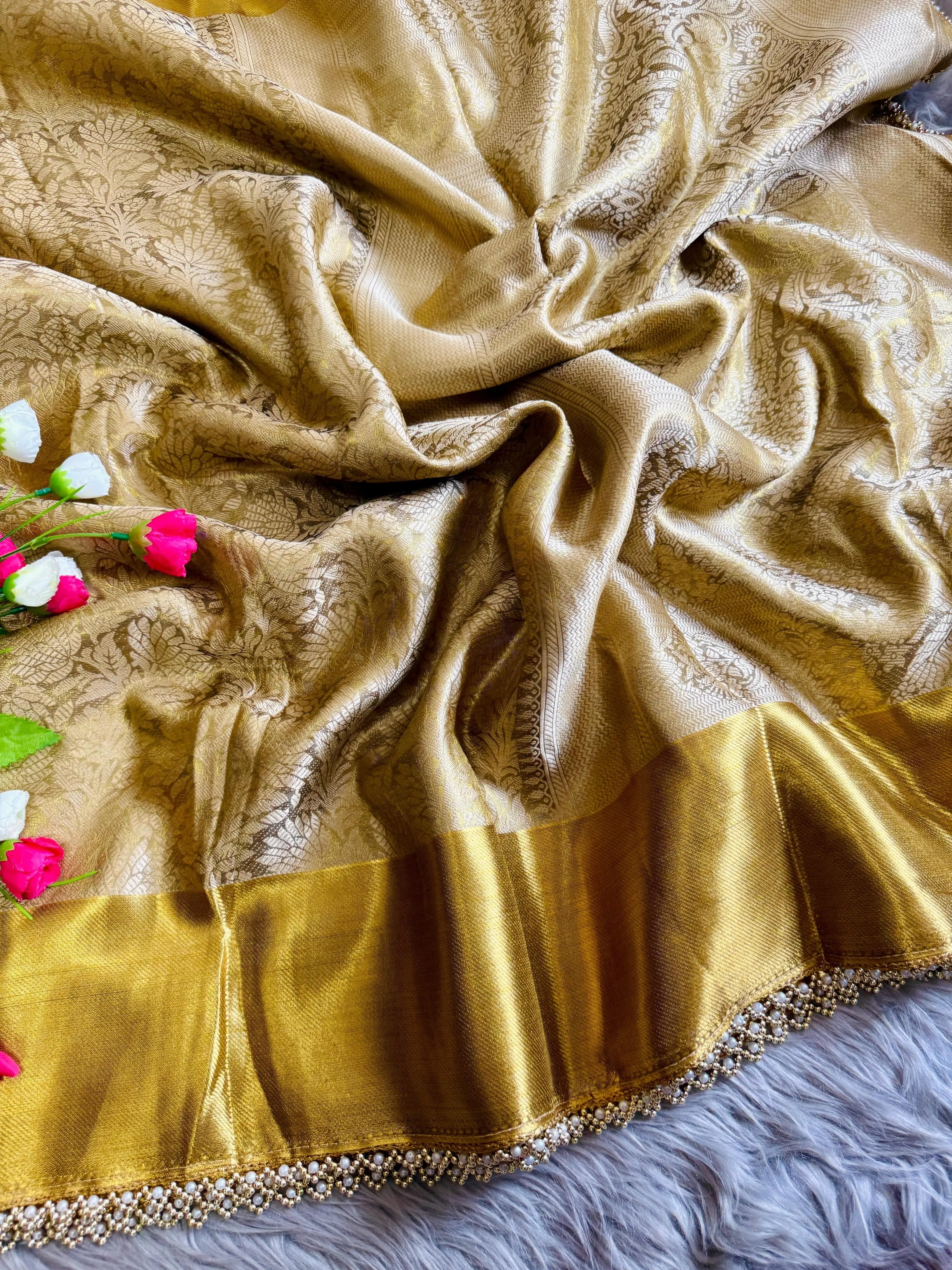Inspired by Nita Ji Tissue Silk Pearl Border Saree
