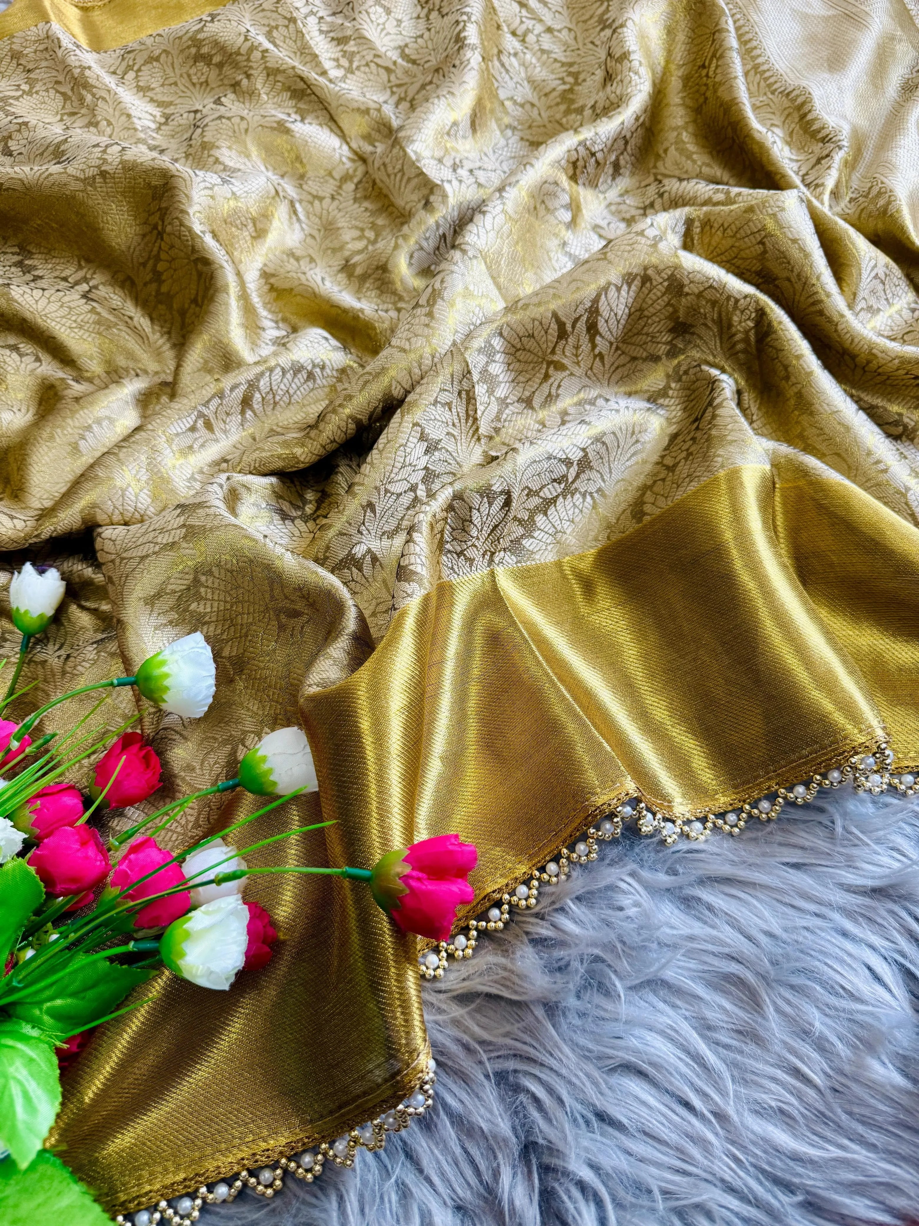 Inspired by Nita Ji Tissue Silk Pearl Border Saree