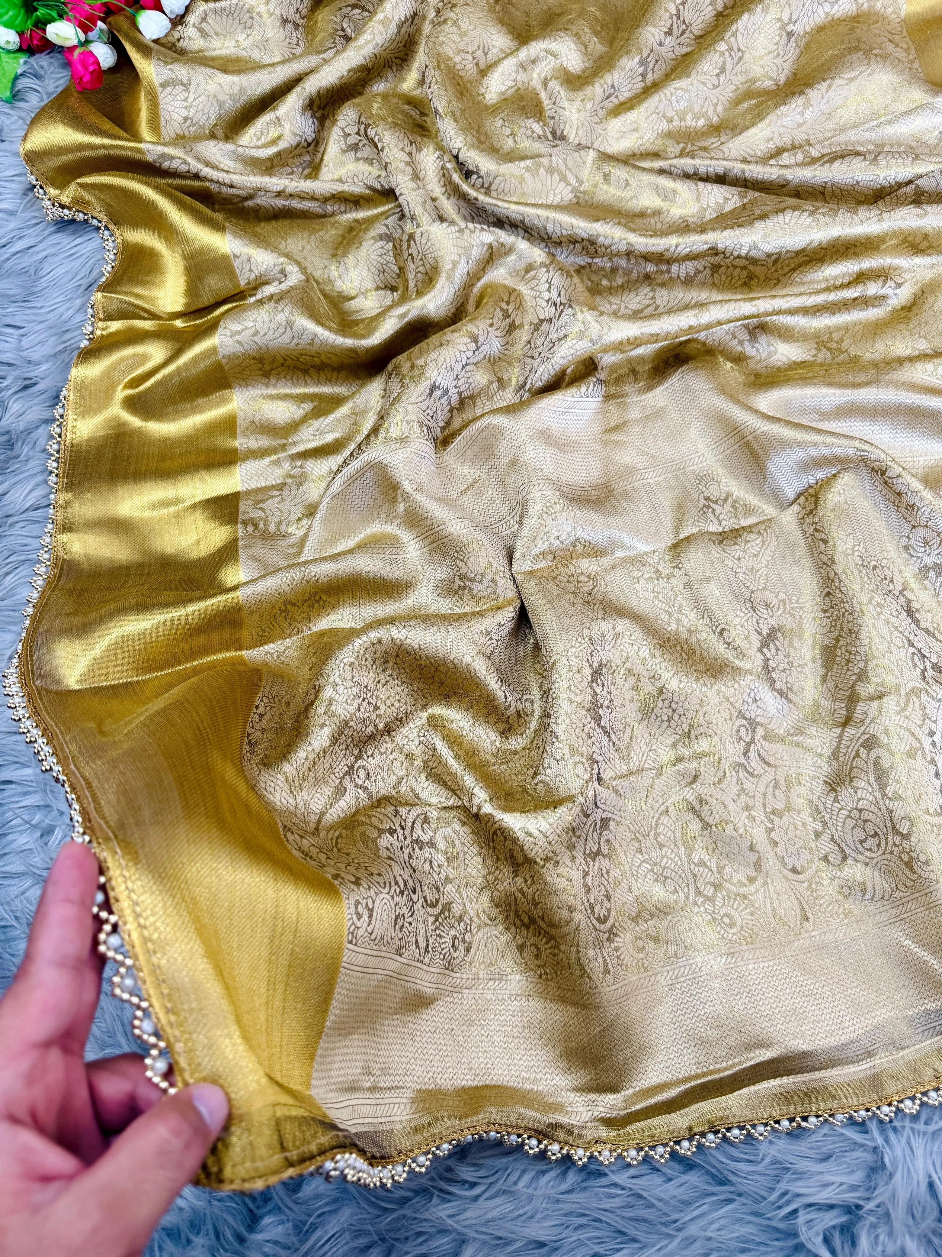 Inspired by Nita Ji Tissue Silk Pearl Border Saree