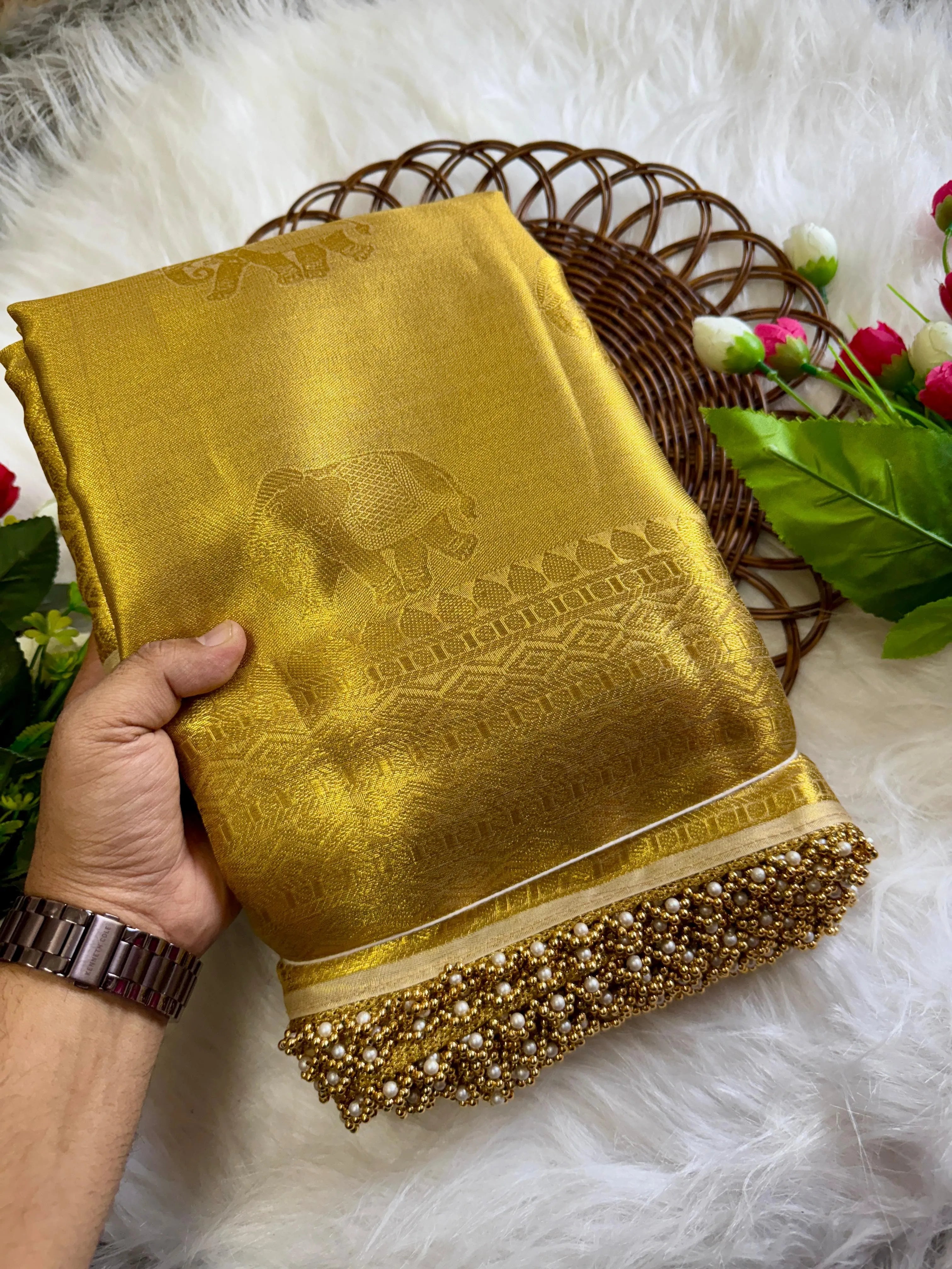 Inspired by Rekha Ji Tissue Silk Pearl Border Saree