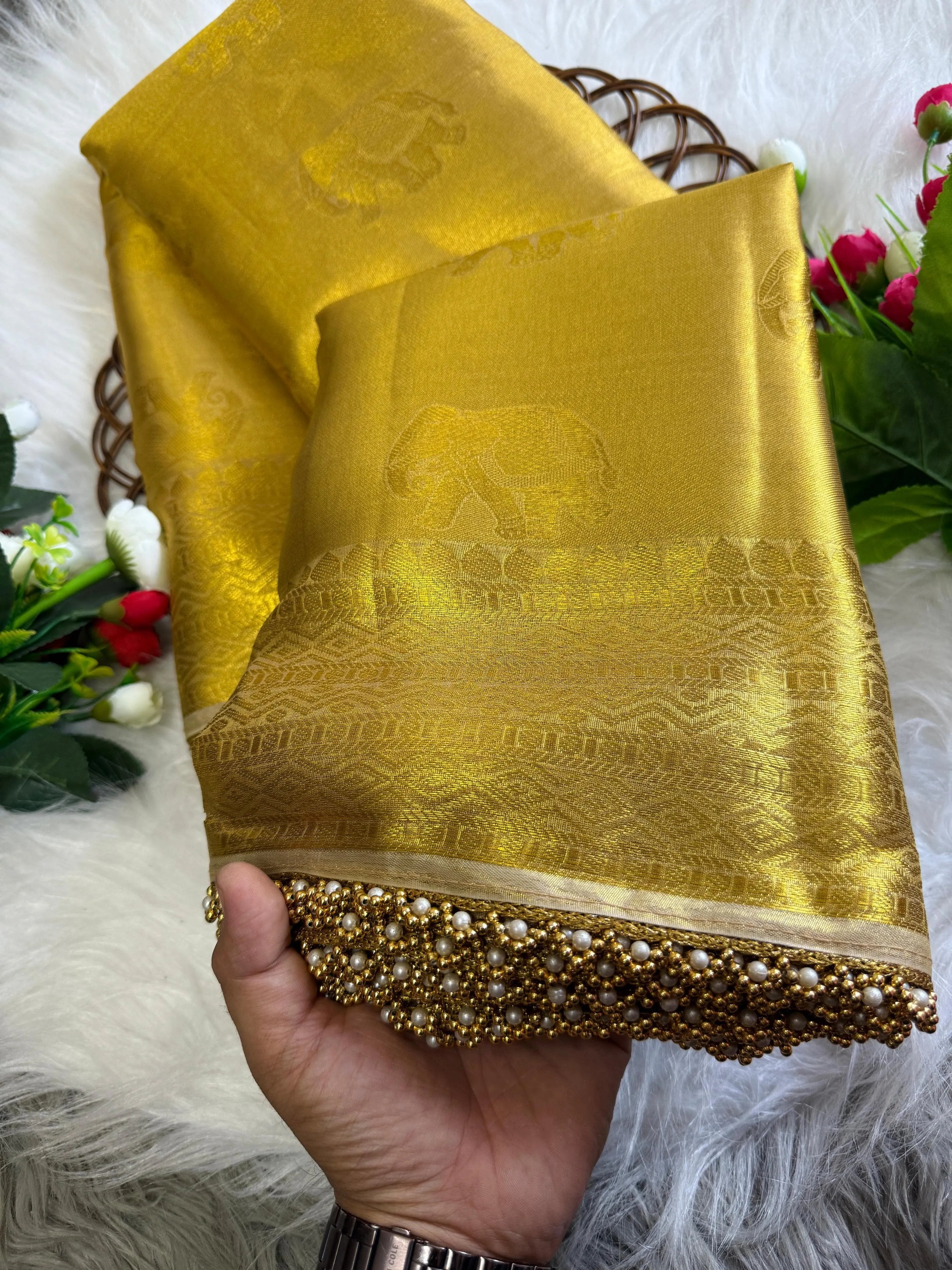 Inspired by Rekha Ji Tissue Silk Pearl Border Saree