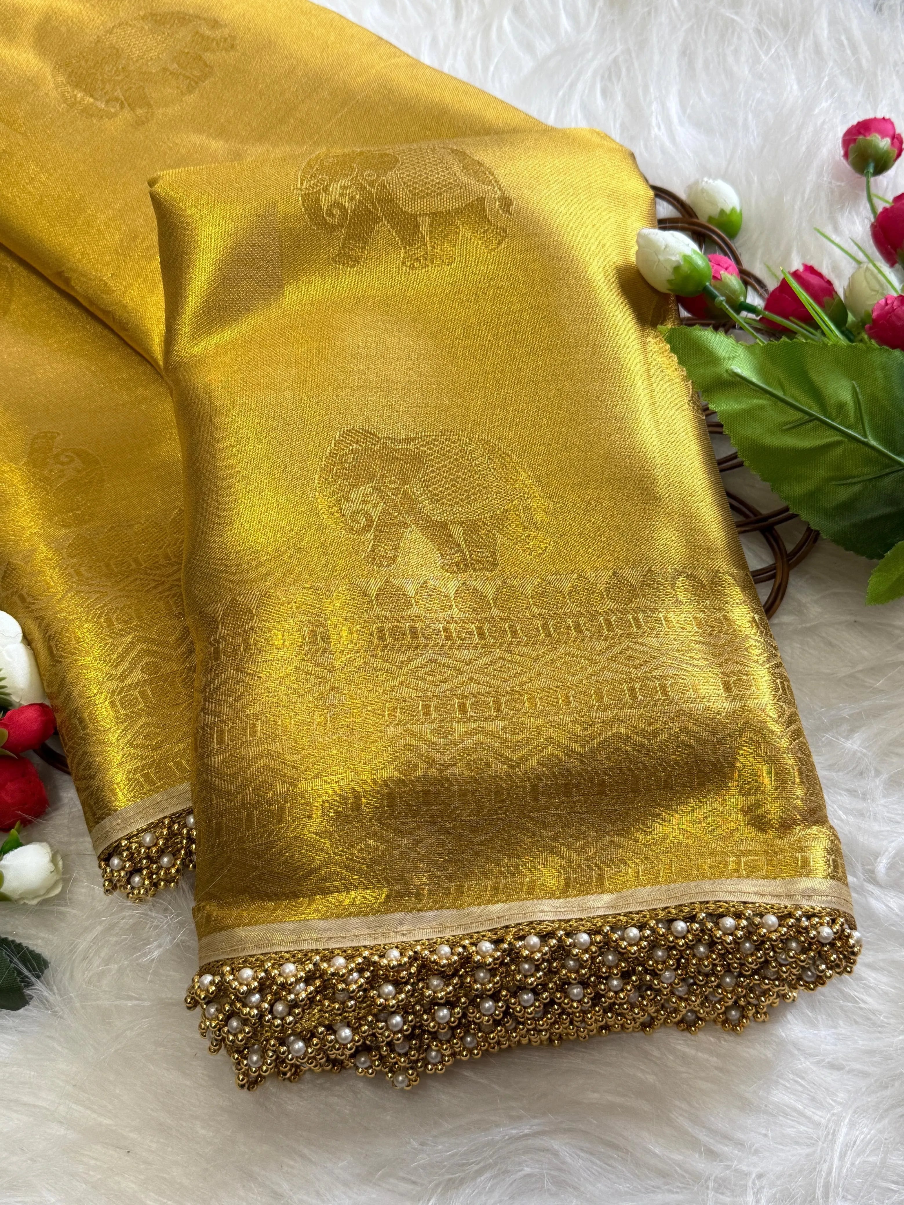 Inspired by Rekha Ji Tissue Silk Pearl Border Saree