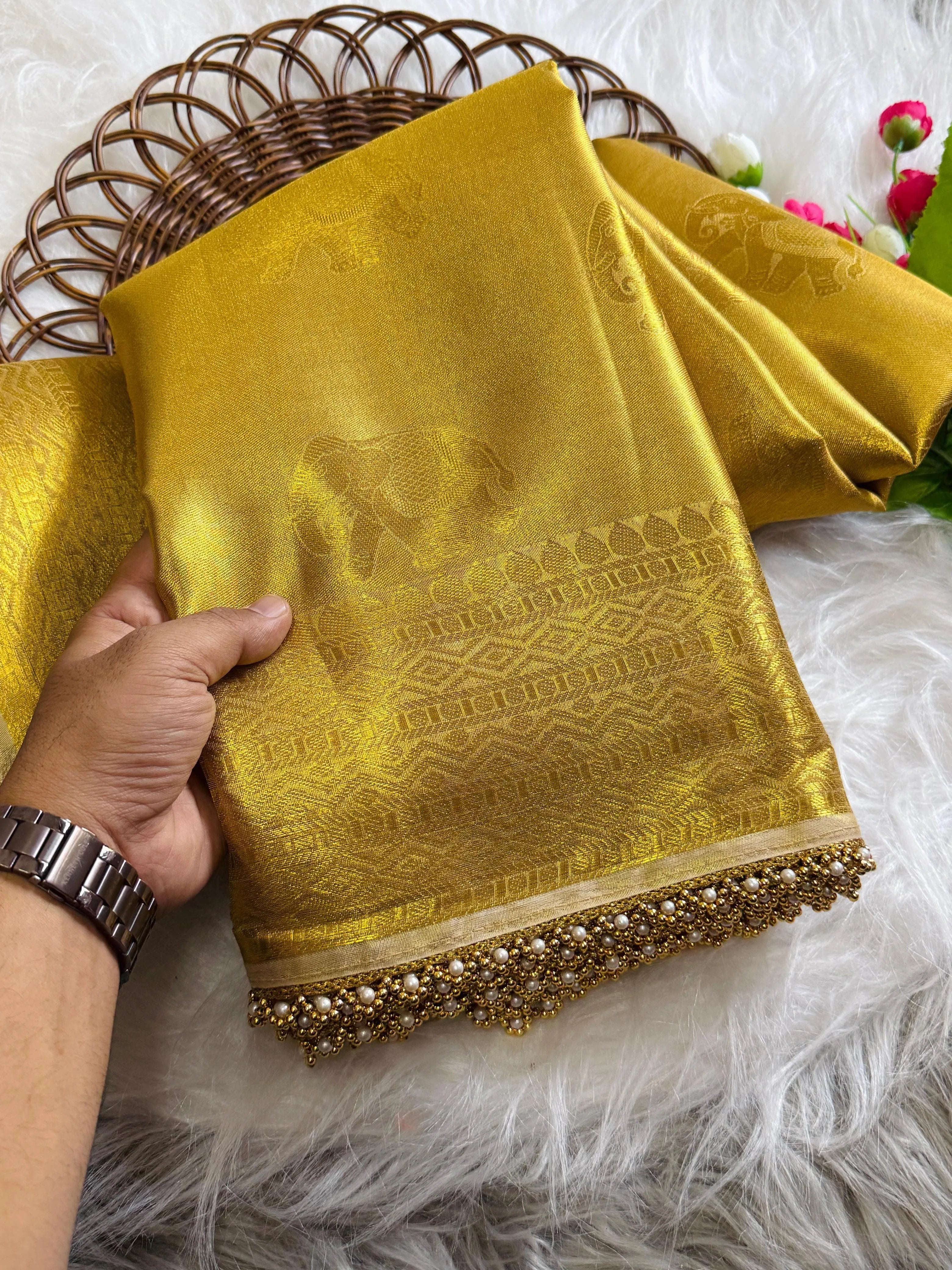 Inspired by Rekha Ji Tissue Silk Pearl Border Saree