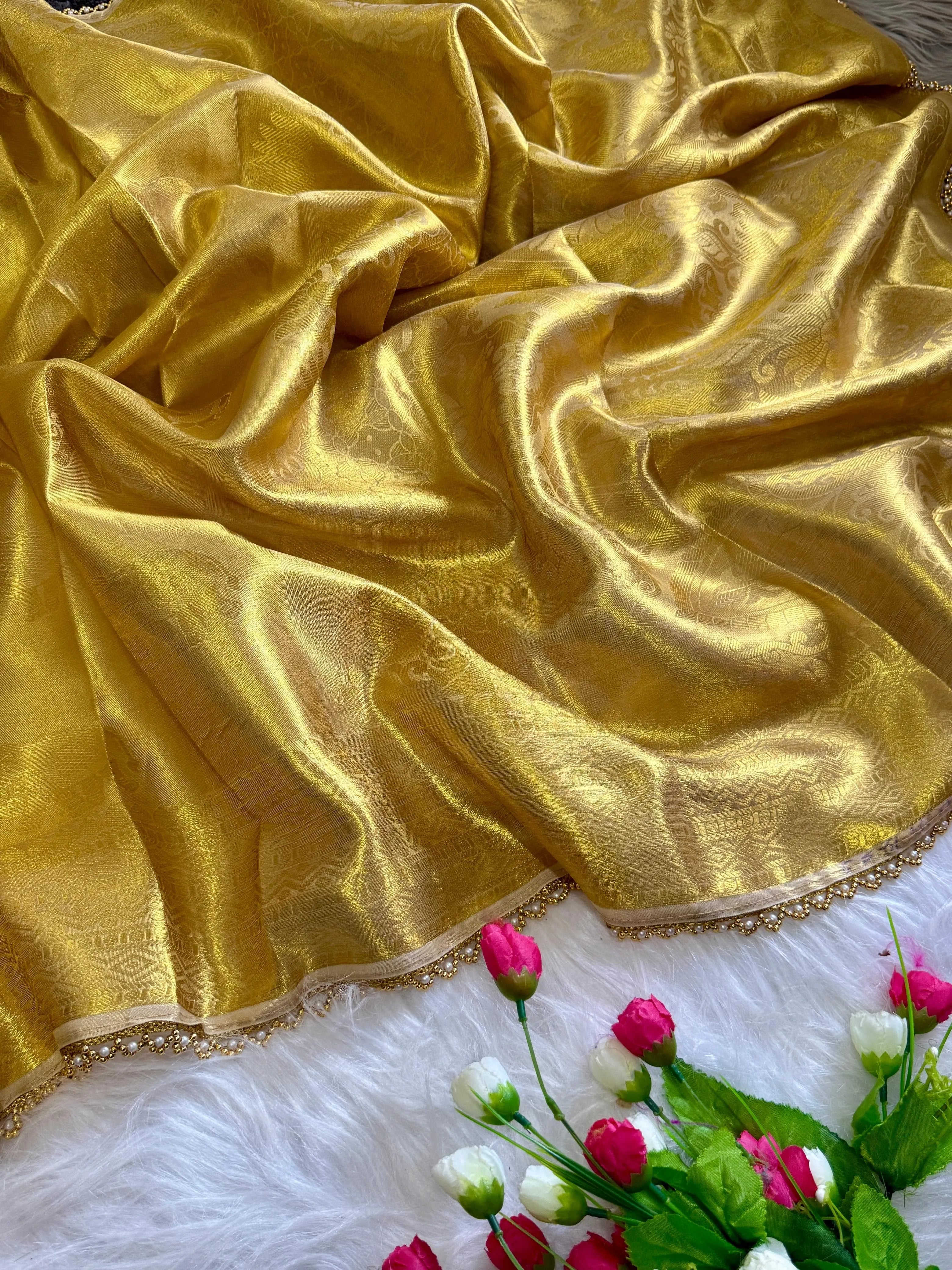 Inspired by Rekha Ji Tissue Silk Pearl Border Saree