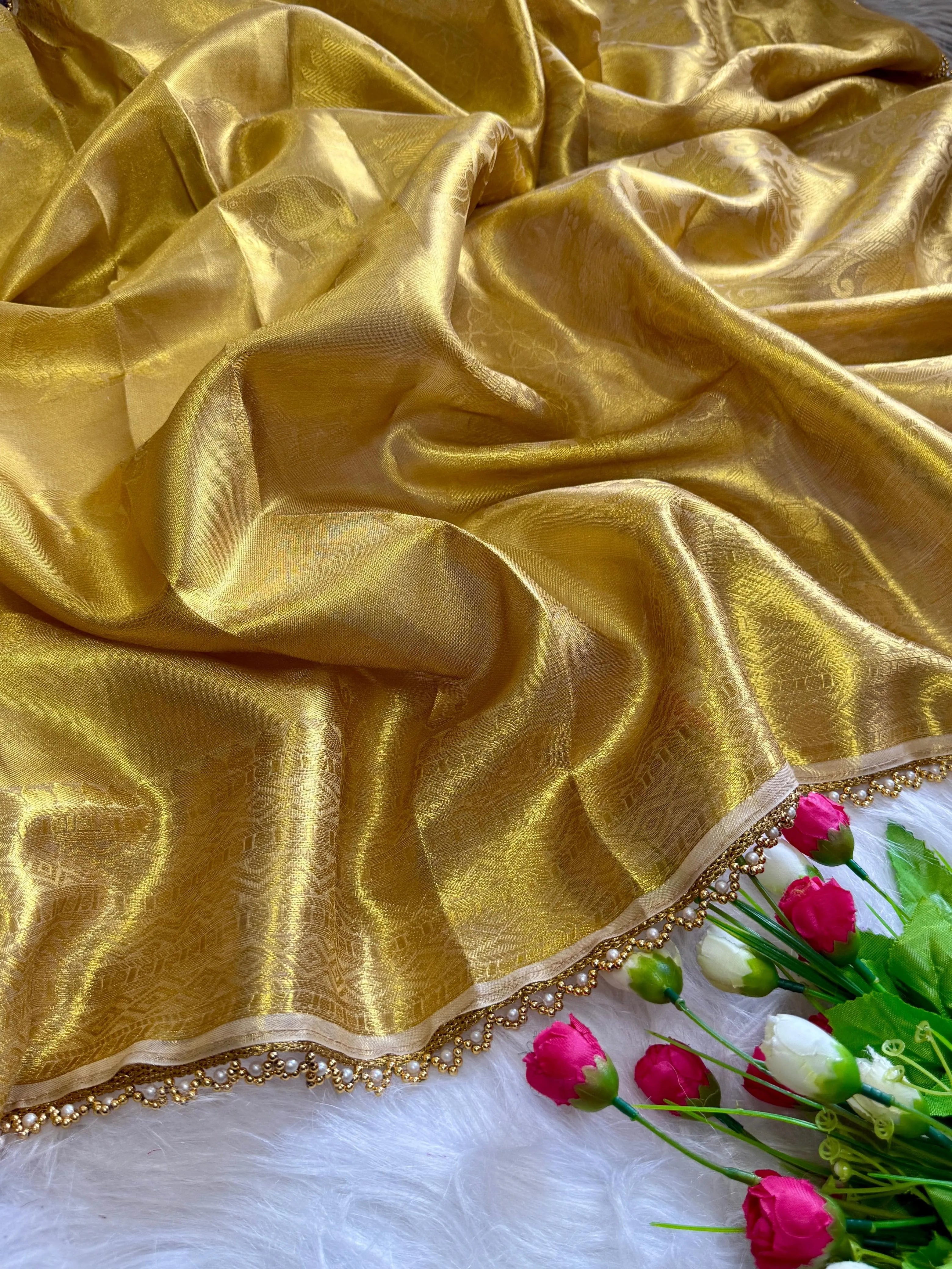 Inspired by Rekha Ji Tissue Silk Pearl Border Saree