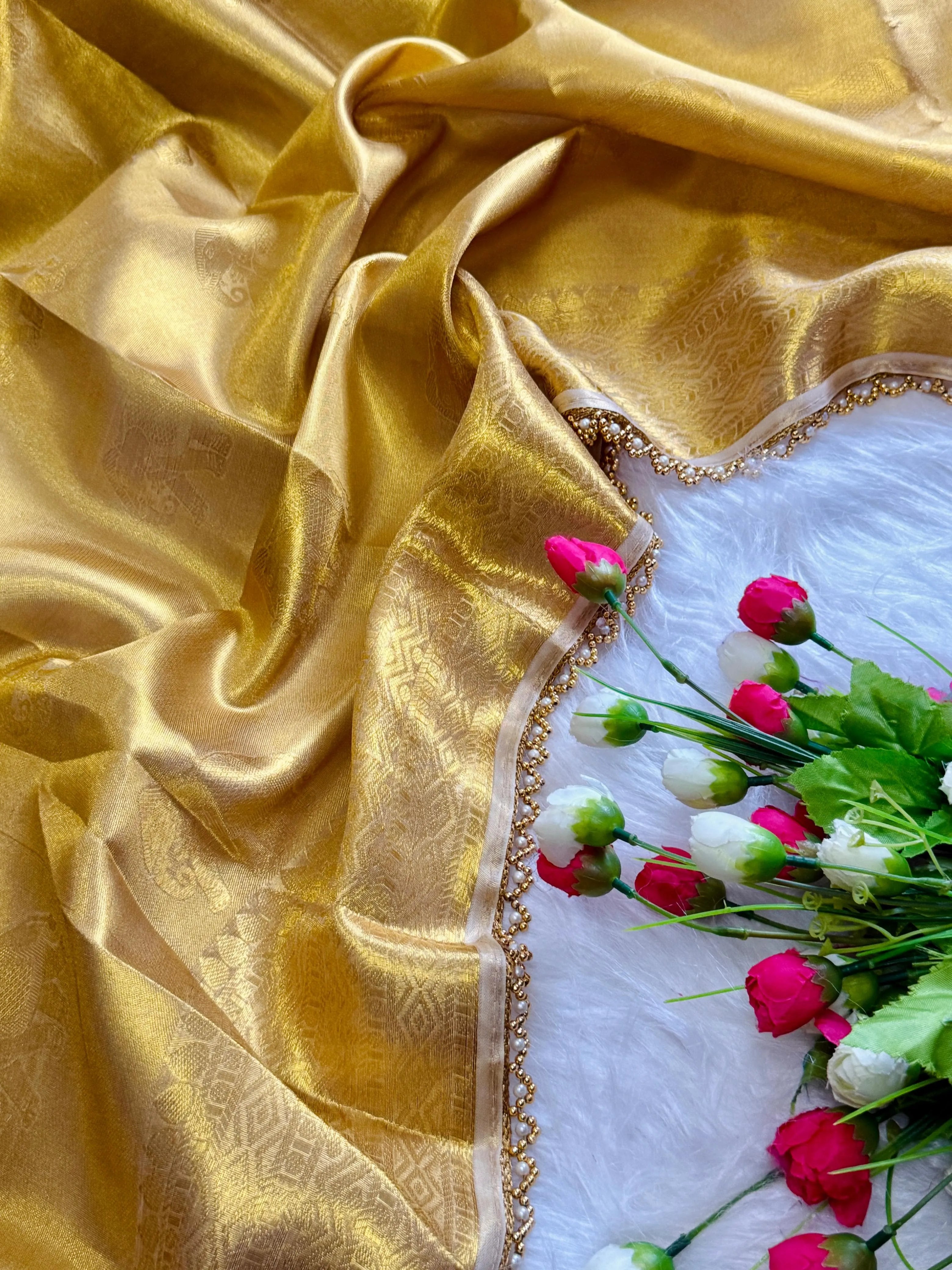 Inspired by Rekha Ji Tissue Silk Pearl Border Saree