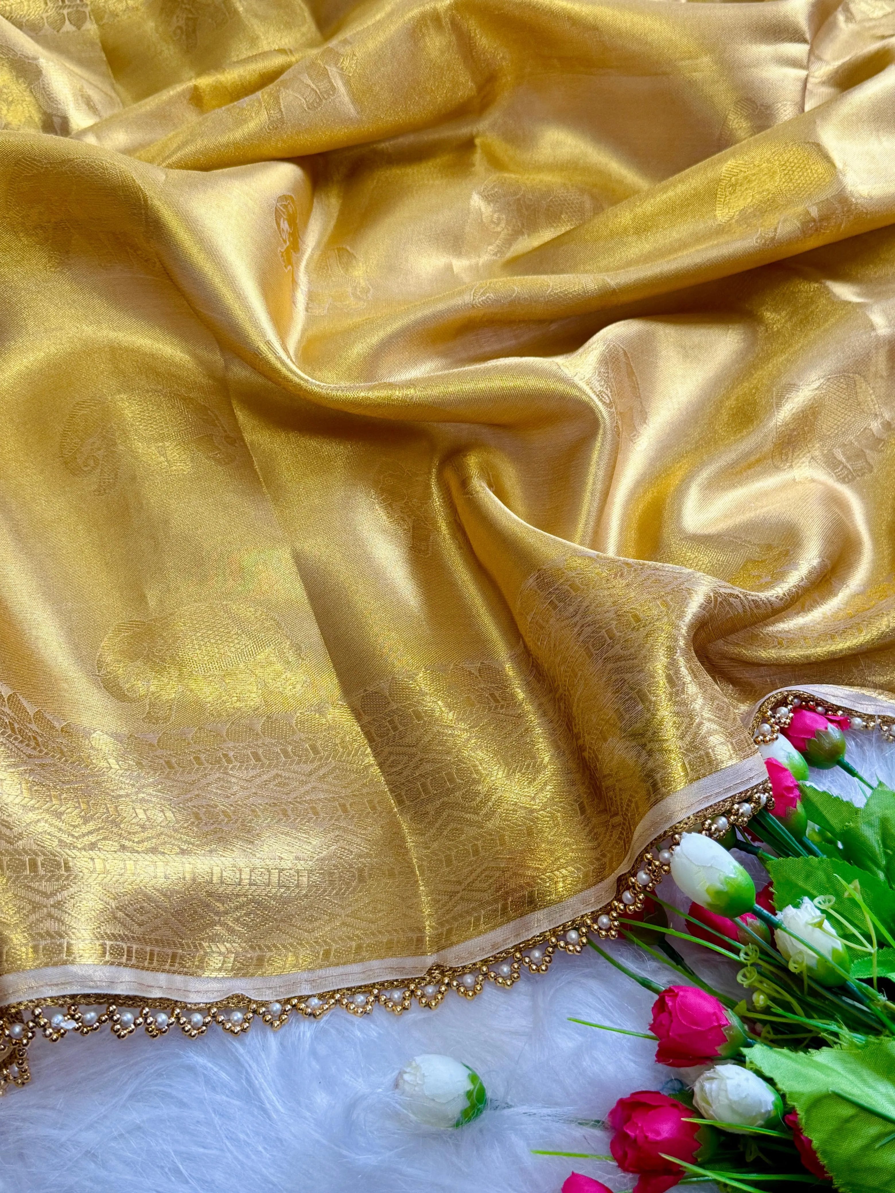 Inspired by Rekha Ji Tissue Silk Pearl Border Saree