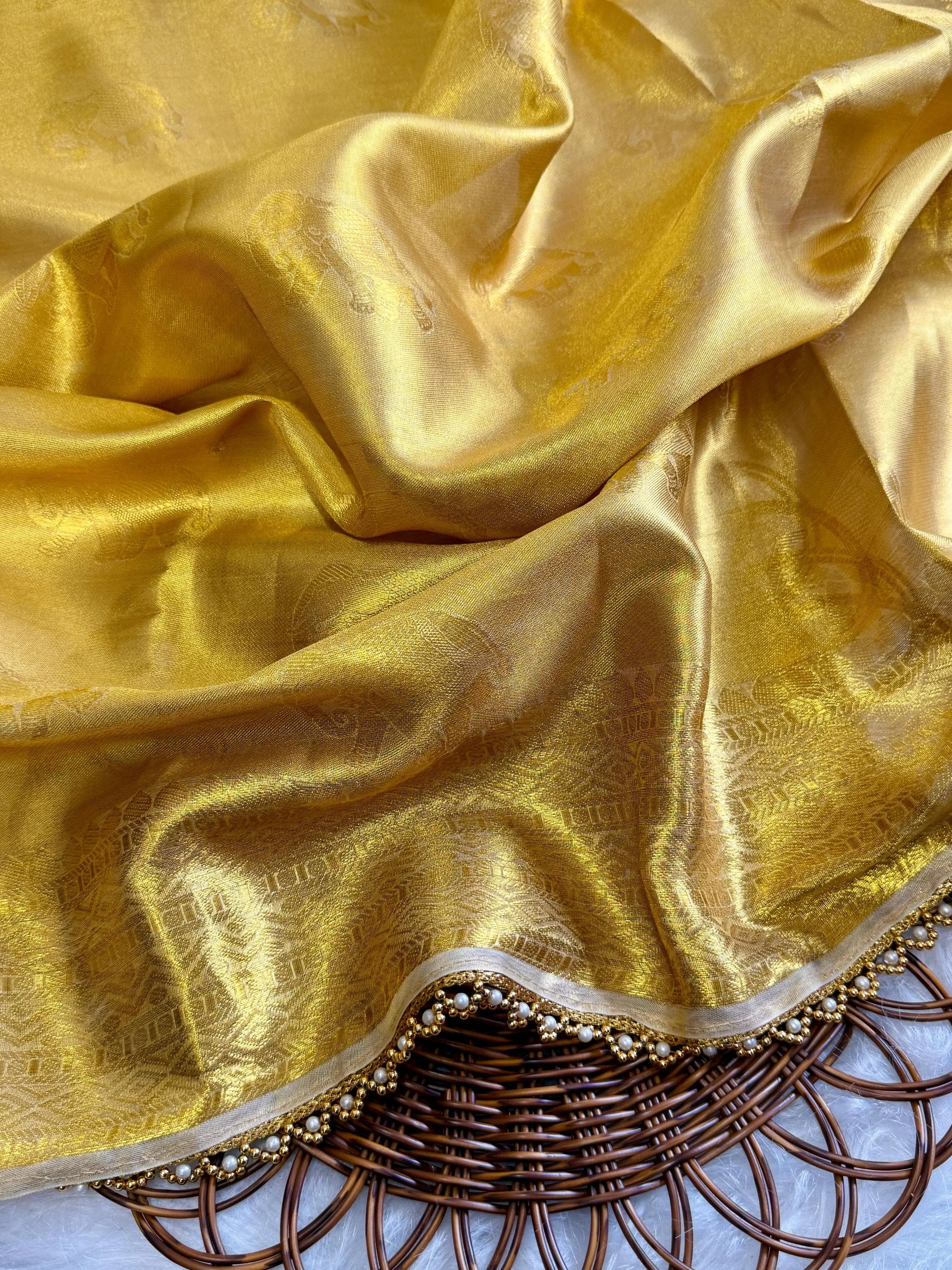 Inspired by Rekha Ji Tissue Silk Pearl Border Saree