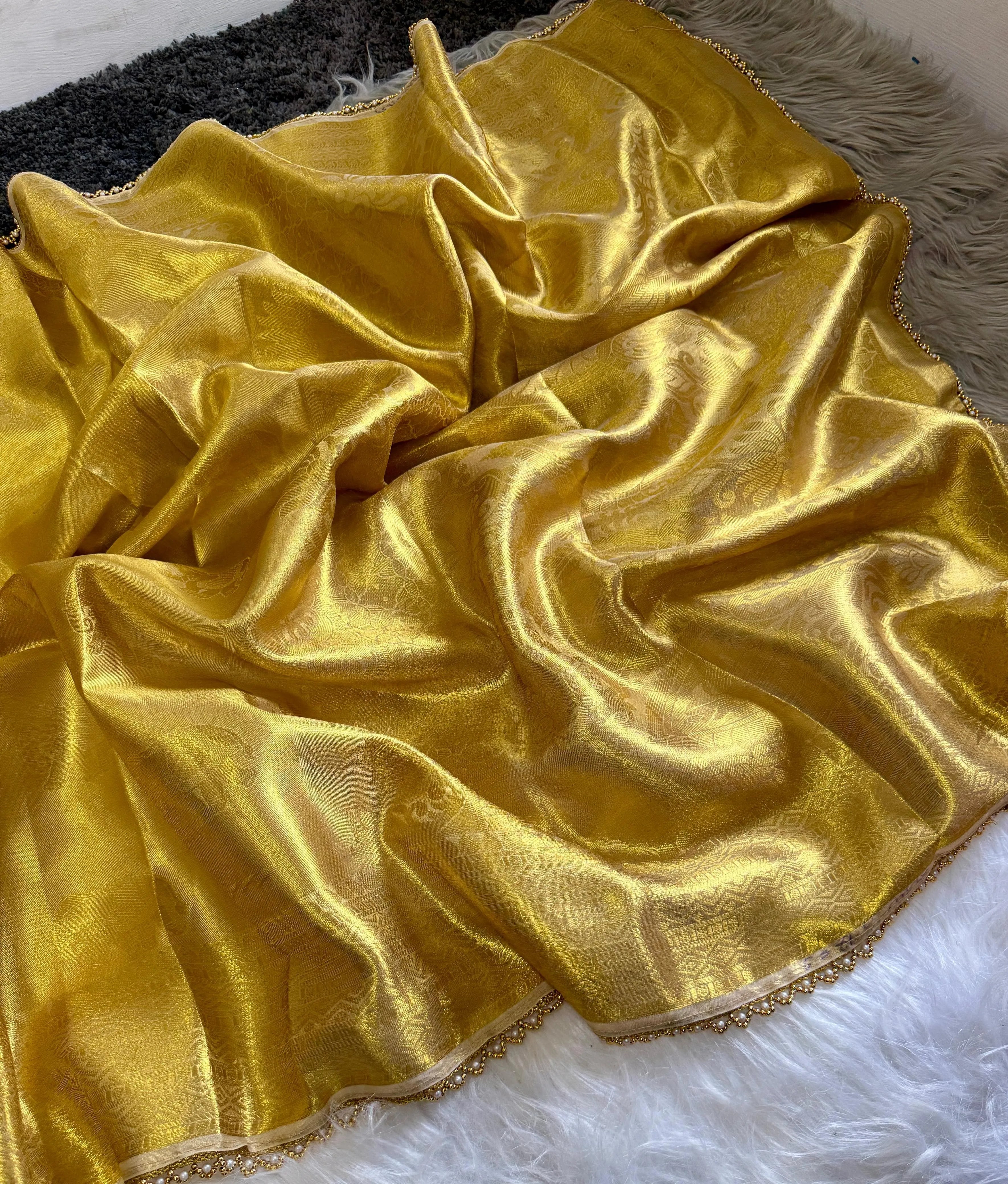 Inspired by Rekha Ji Tissue Silk Pearl Border Saree