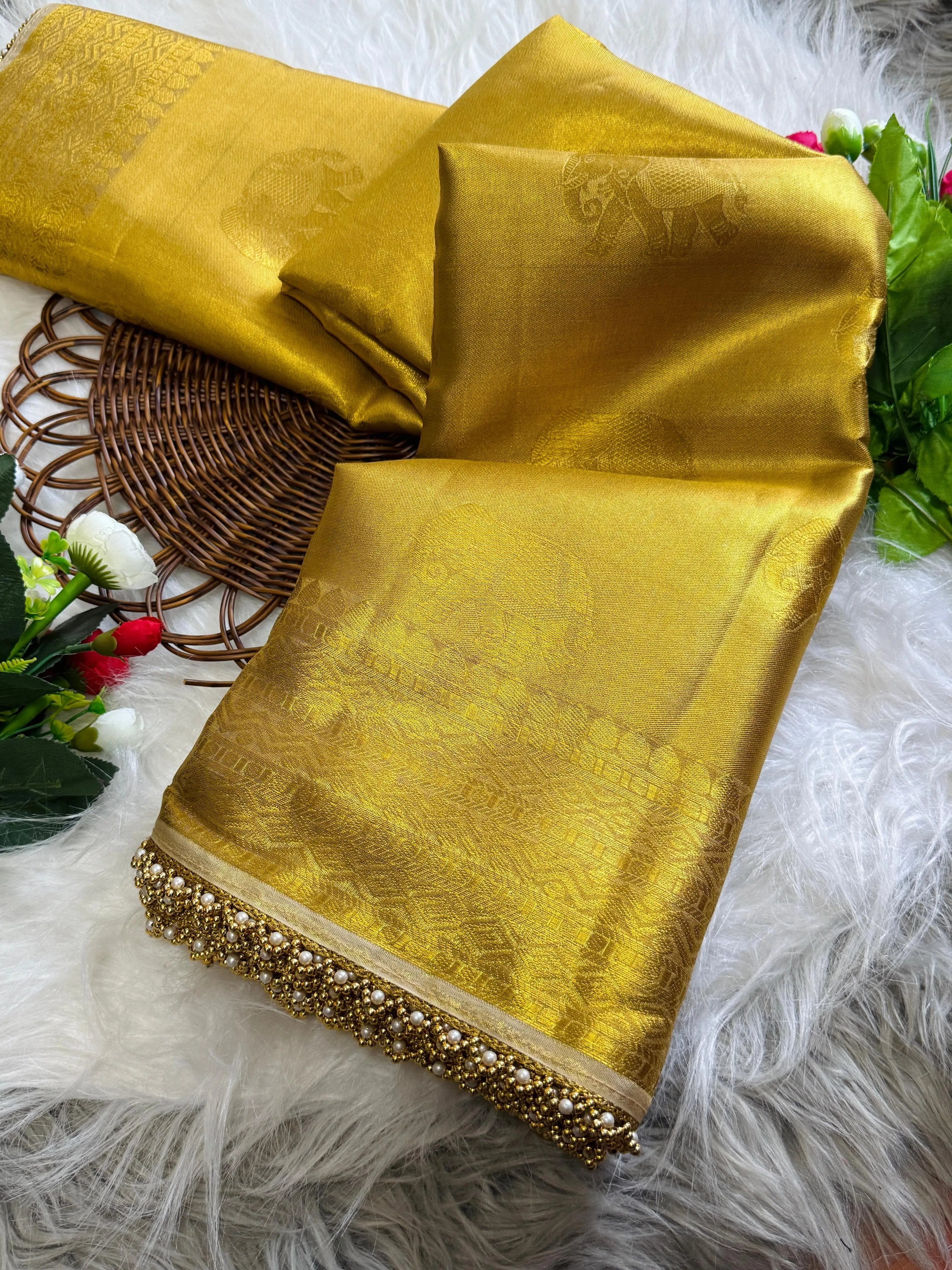 Inspired by Rekha Ji Tissue Silk Pearl Border Saree