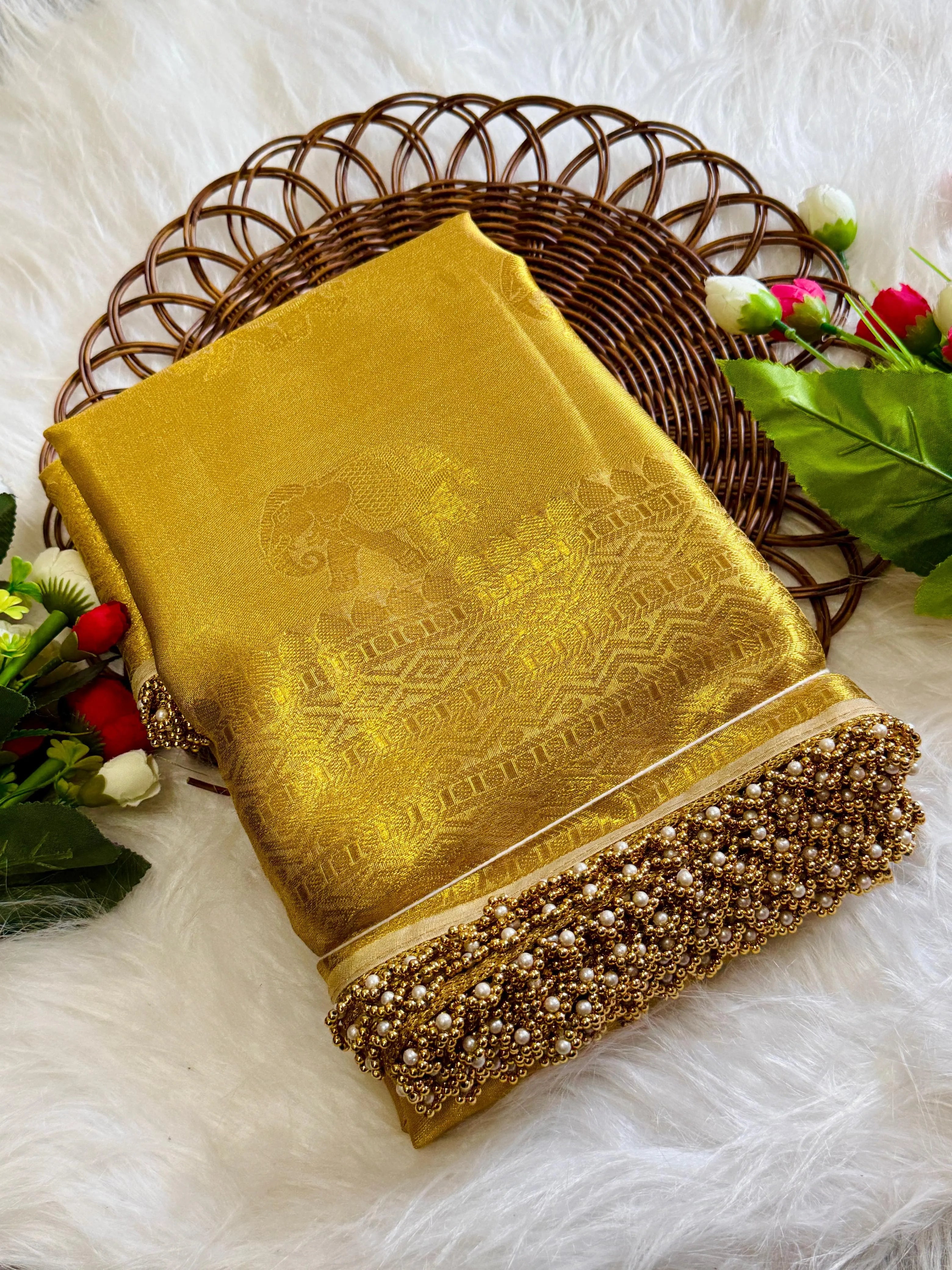 Inspired by Rekha Ji Tissue Silk Pearl Border Saree
