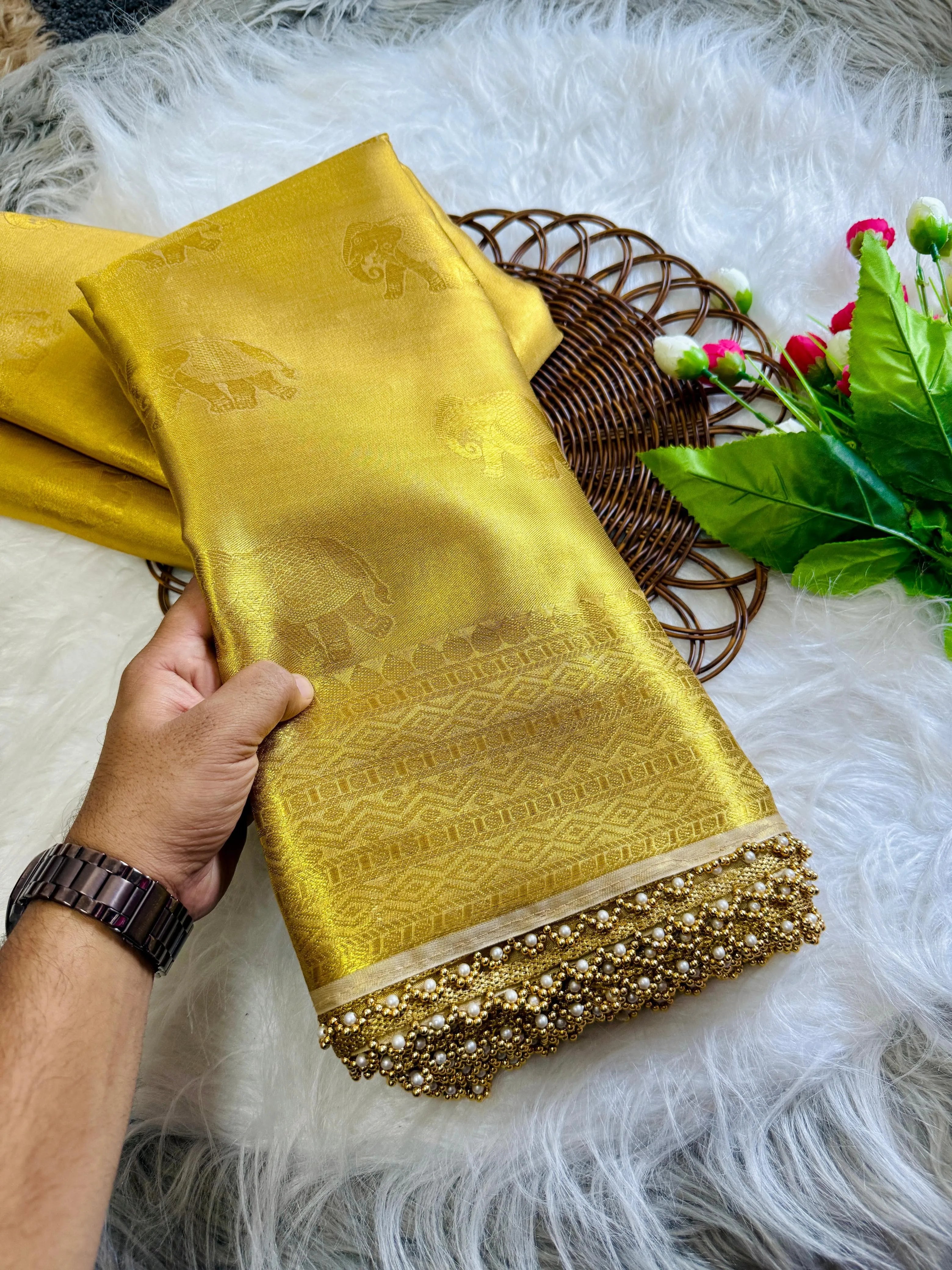 Inspired by Rekha Ji Tissue Silk Pearl Border Saree