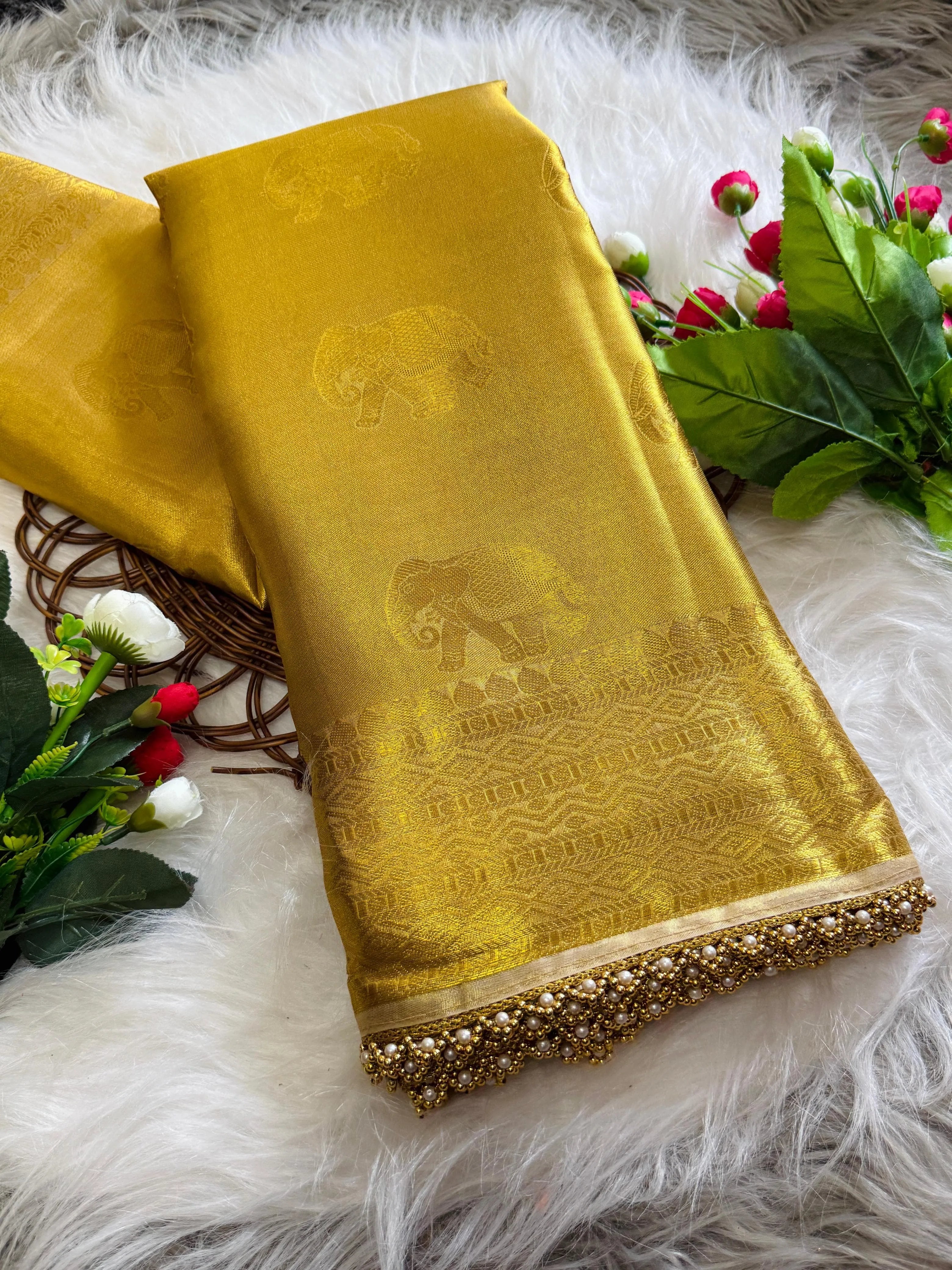 Inspired by Rekha Ji Tissue Silk Pearl Border Saree