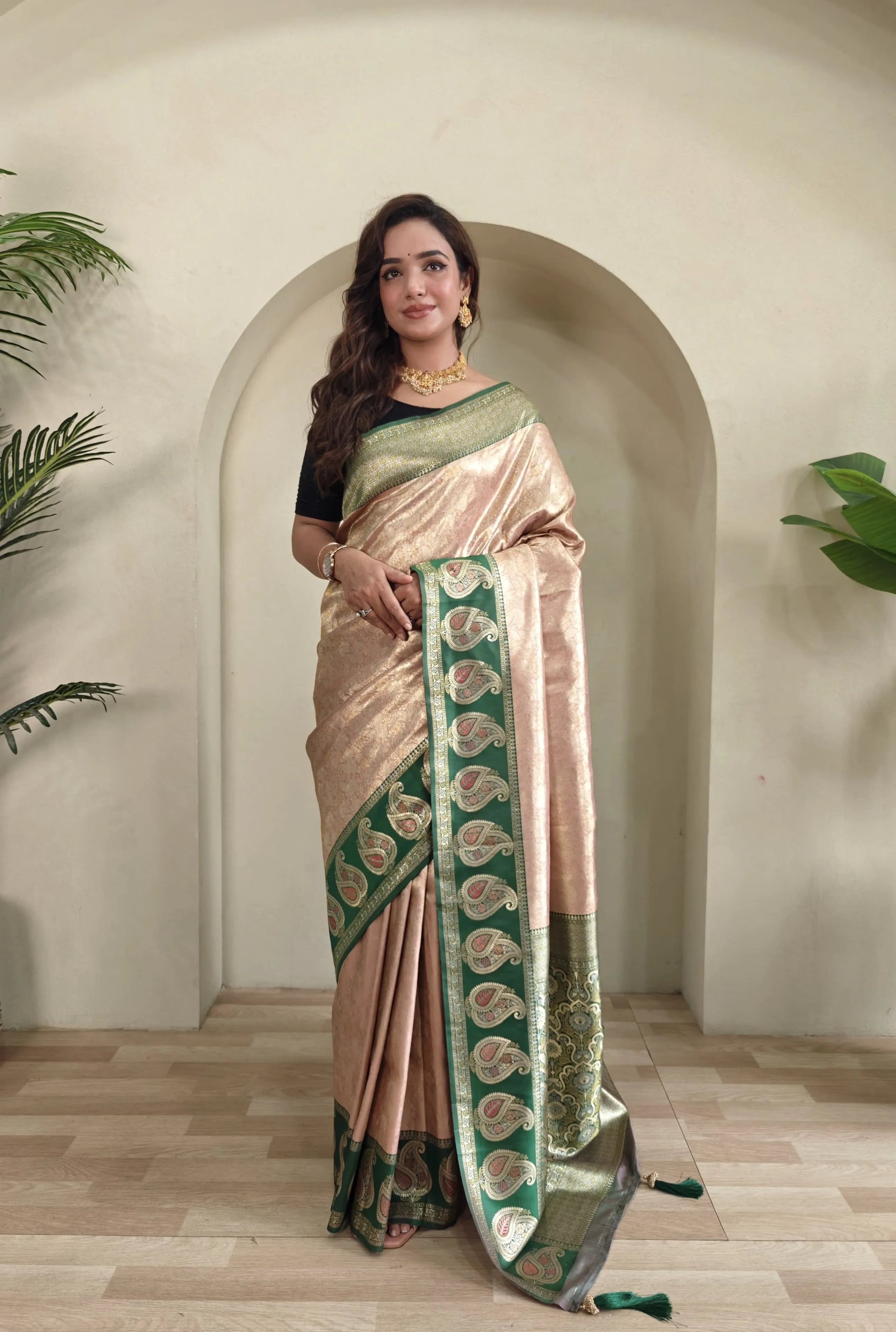 Zari Kanchi SIlk Contrast Border Banarasi Saree  (Product Code: AS-921)