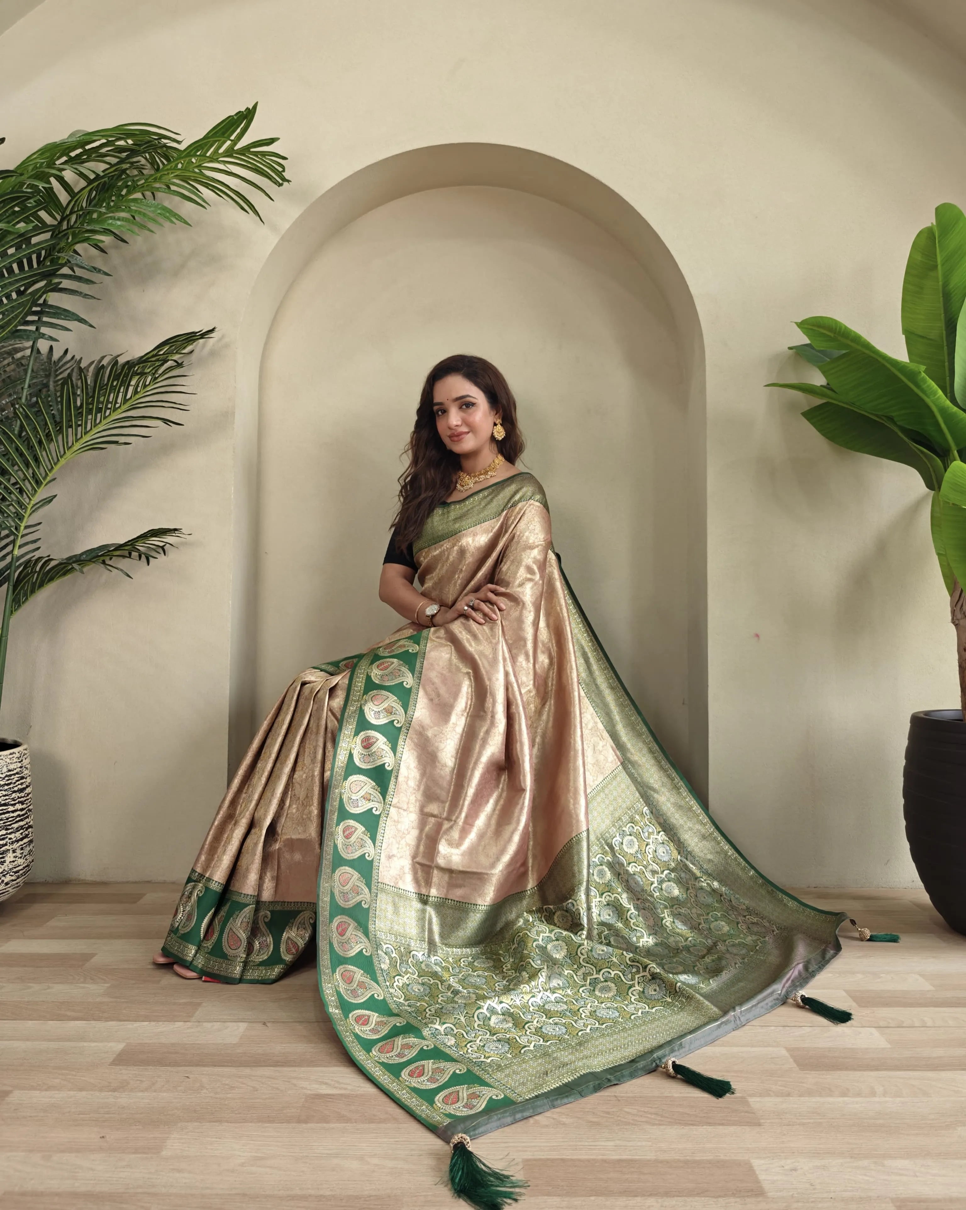 Zari Kanchi SIlk Contrast Border Banarasi Saree  (Product Code: AS-921)