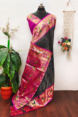 Banarsai Peacock & Parrot Weaving Paithani Saree