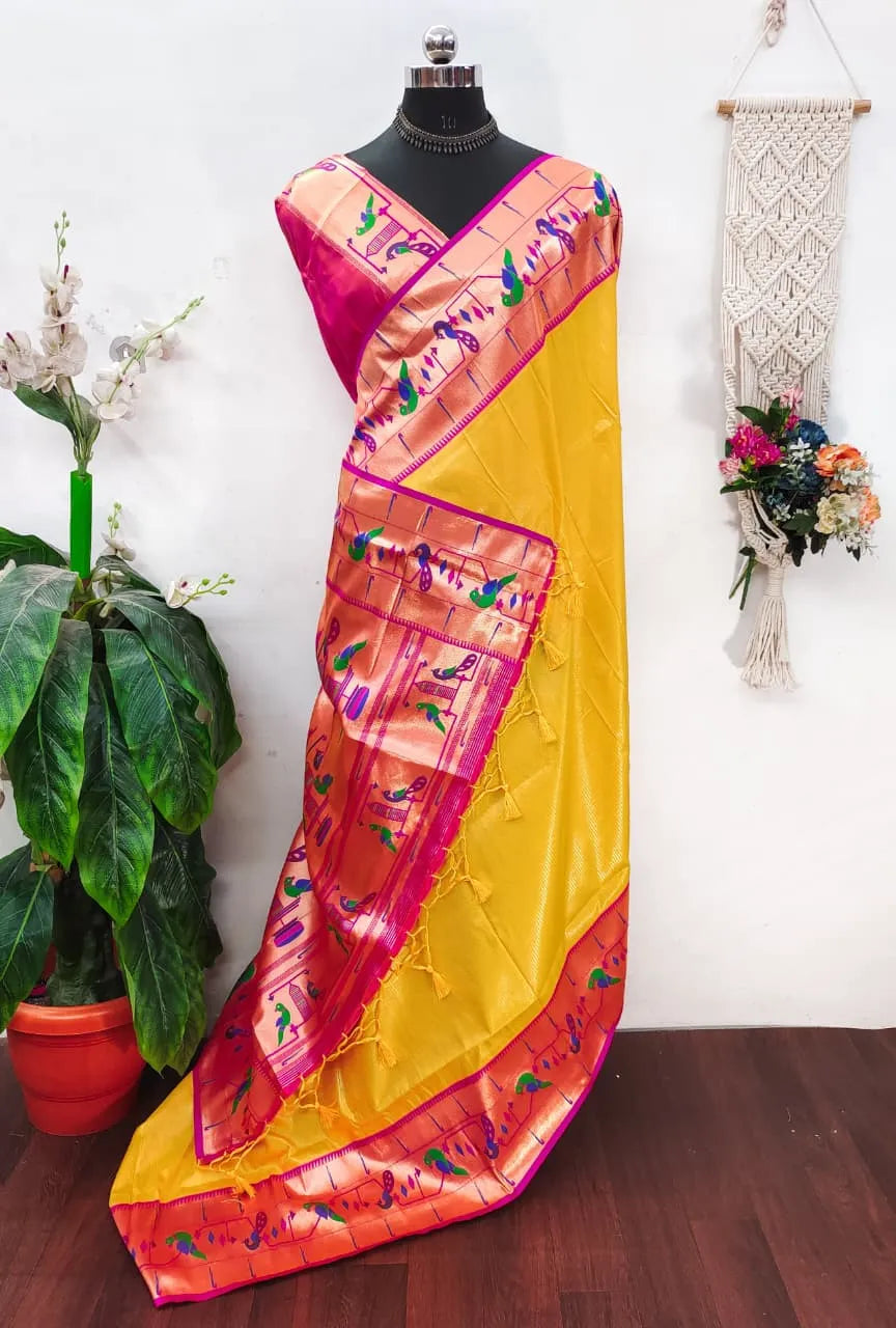 Banarsai Peacock & Parrot Weaving Paithani Saree