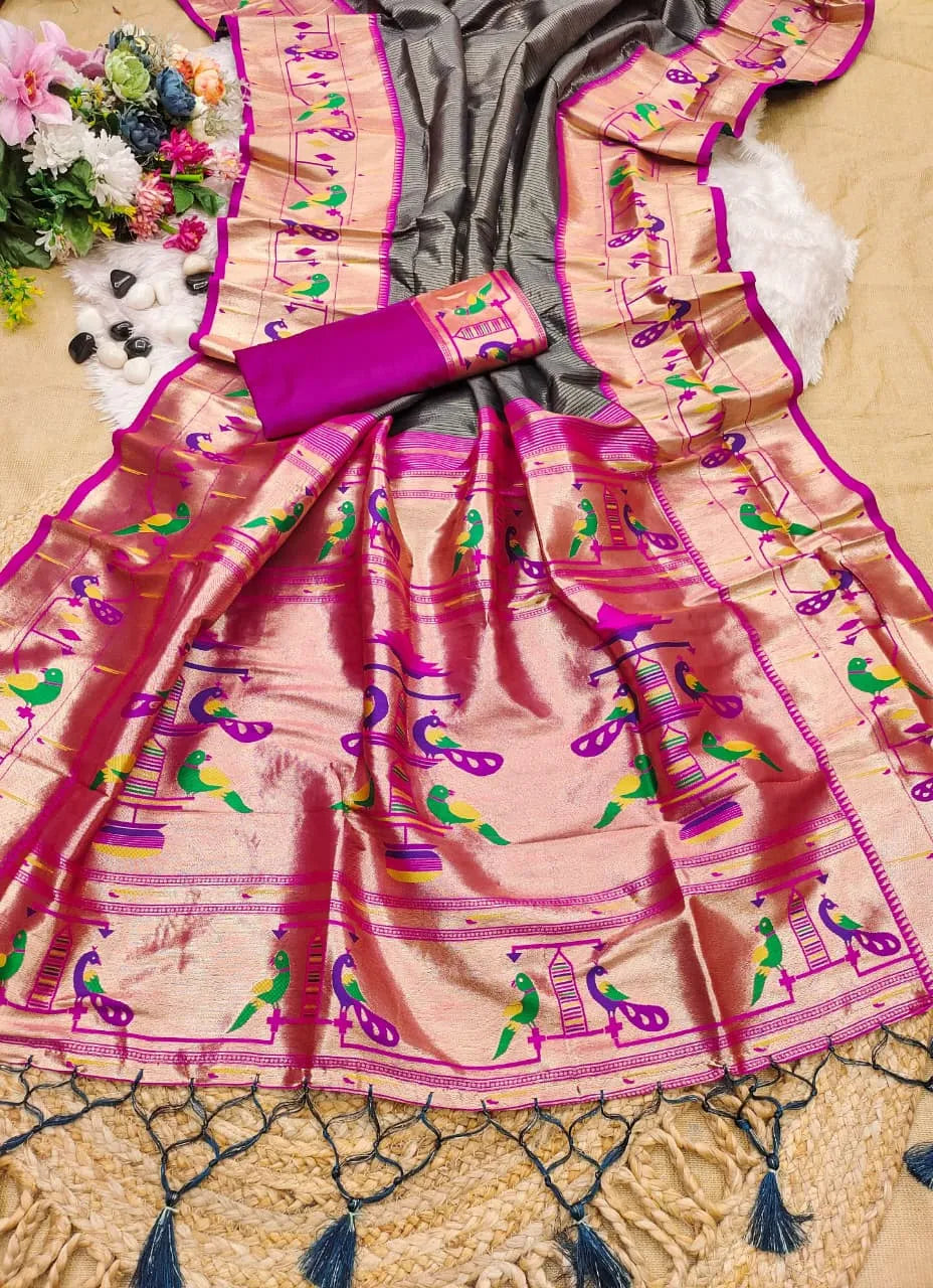 Banarsai Peacock & Parrot Weaving Paithani Saree