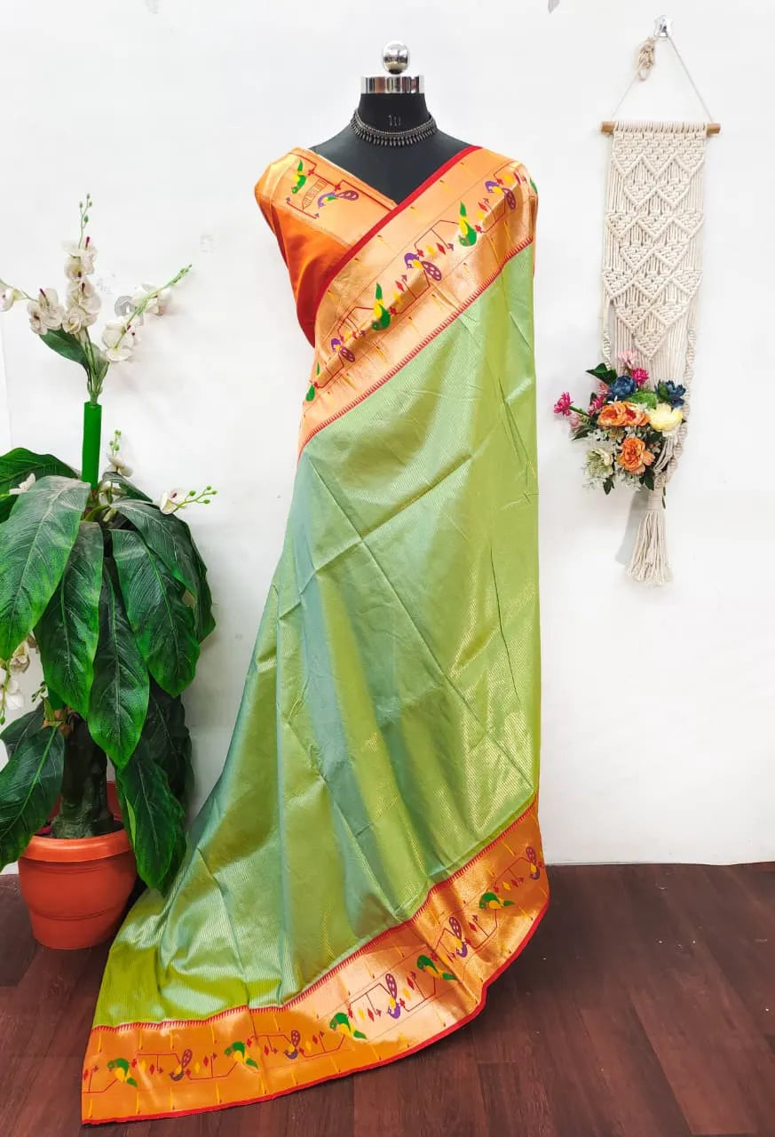 Banarsai Peacock & Parrot Weaving Paithani Saree