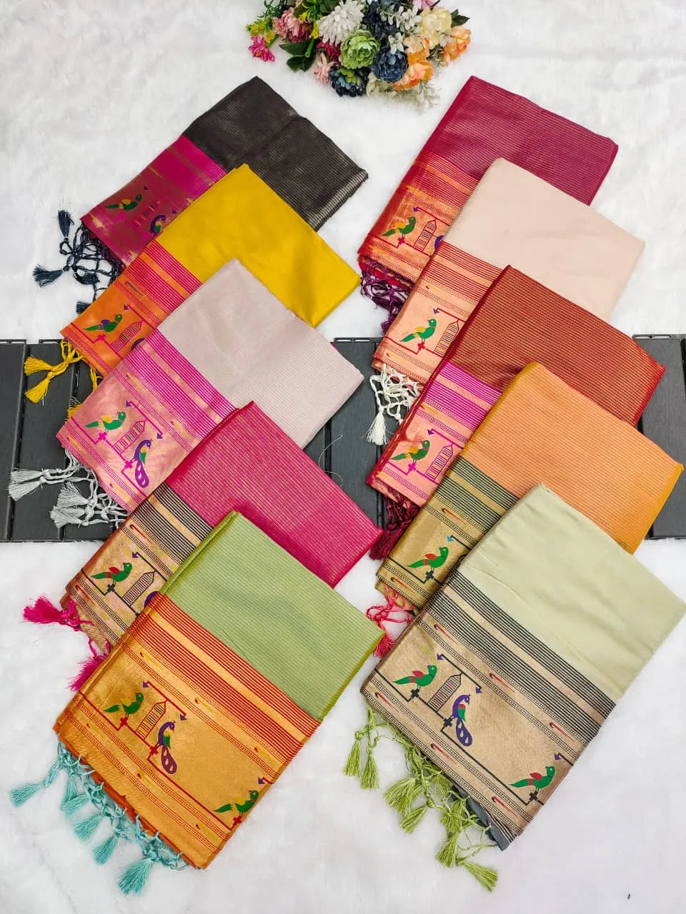 Banarsai Peacock & Parrot Weaving Paithani Saree