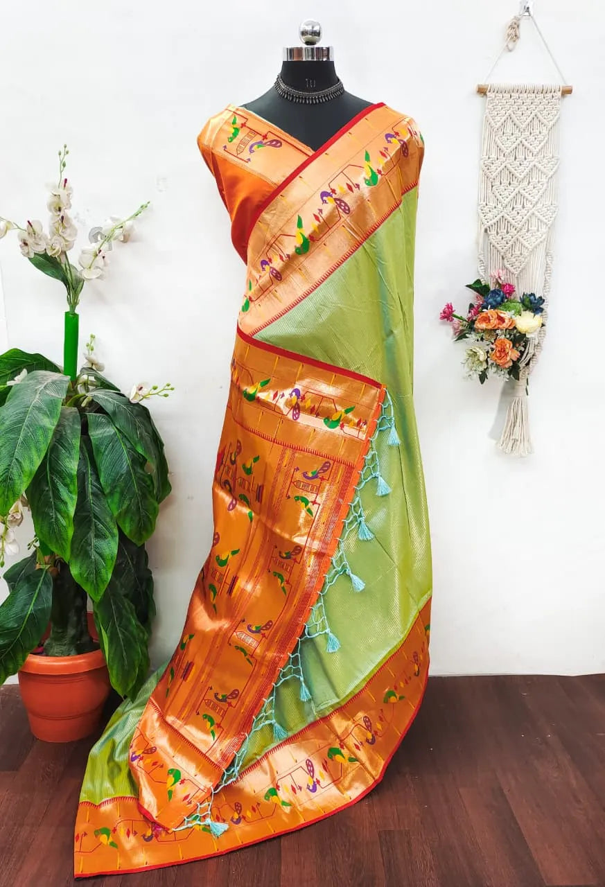 Banarsai Peacock & Parrot Weaving Paithani Saree