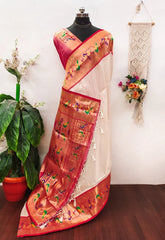 Banarsai Peacock & Parrot Weaving Paithani Saree