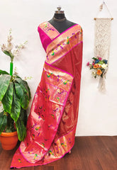 Banarsai Peacock & Parrot Weaving Paithani Saree