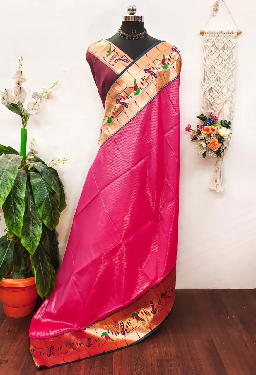 Banarsai Peacock & Parrot Weaving Paithani Saree