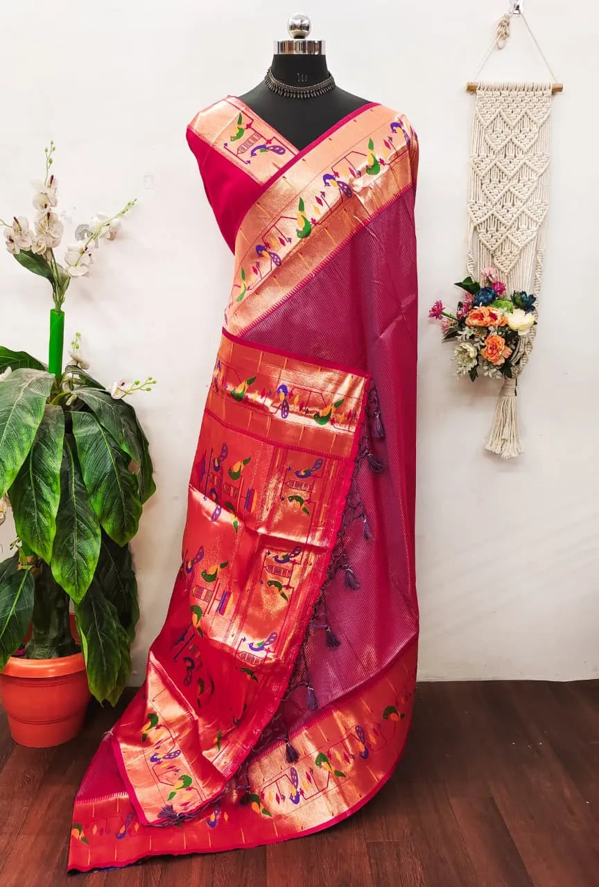 Banarsai Peacock & Parrot Weaving Paithani Saree
