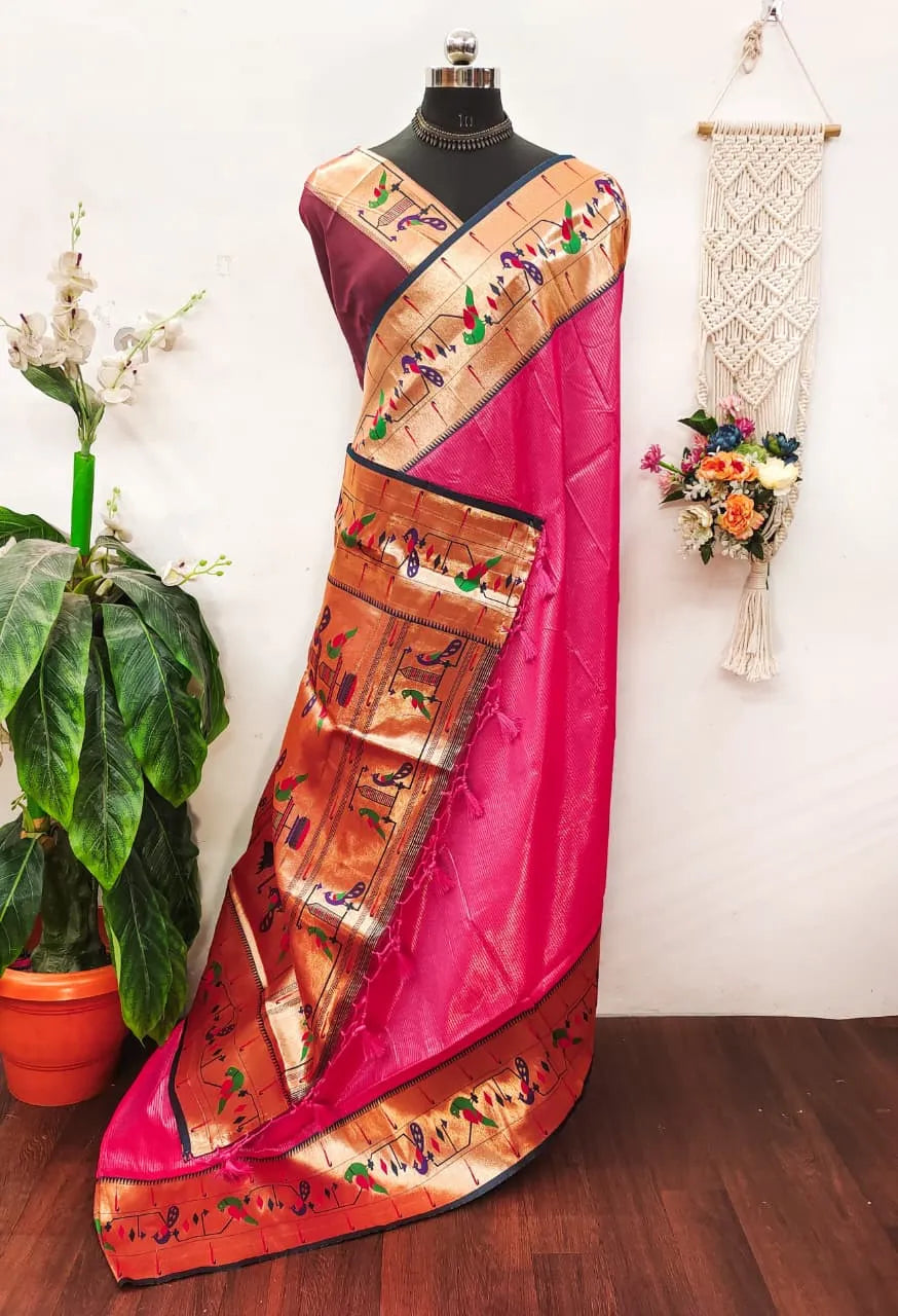 Banarsai Peacock & Parrot Weaving Paithani Saree