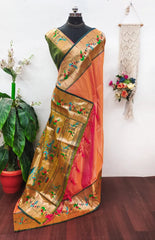 Banarsai Peacock & Parrot Weaving Paithani Saree
