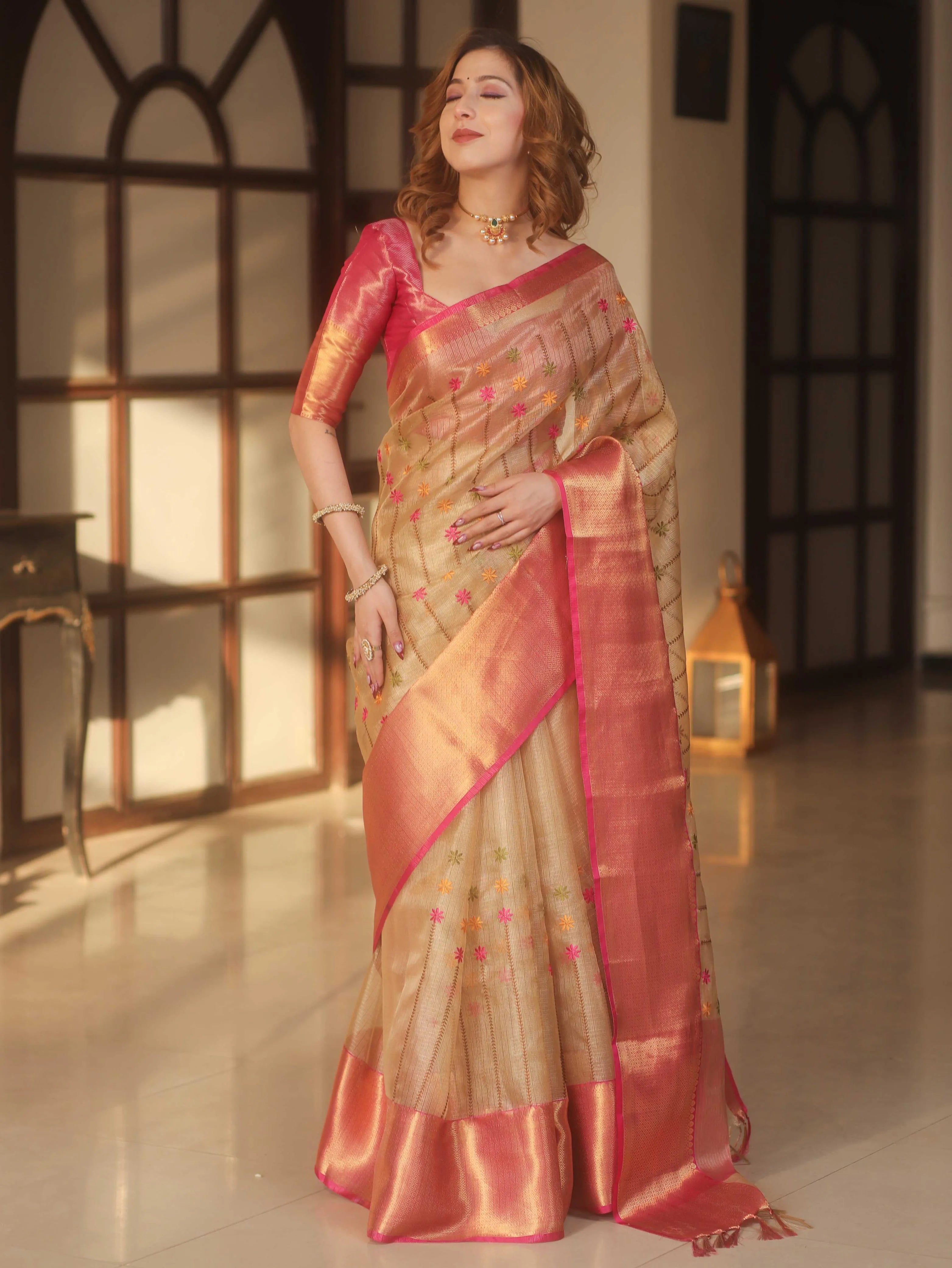 Banarasi Handwoven Embroidery Tissue Saree