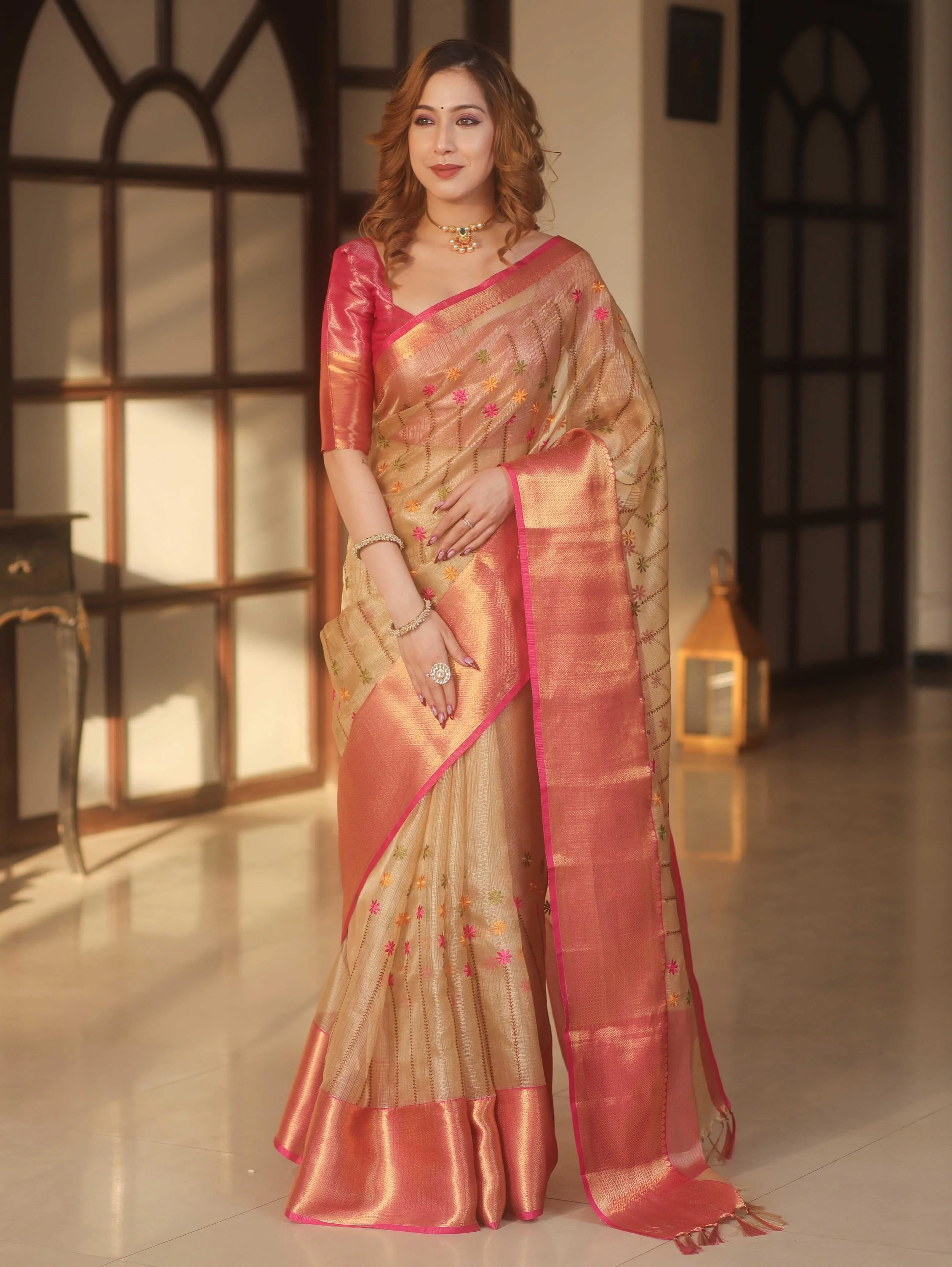 Banarasi Handwoven Embroidery Tissue Saree