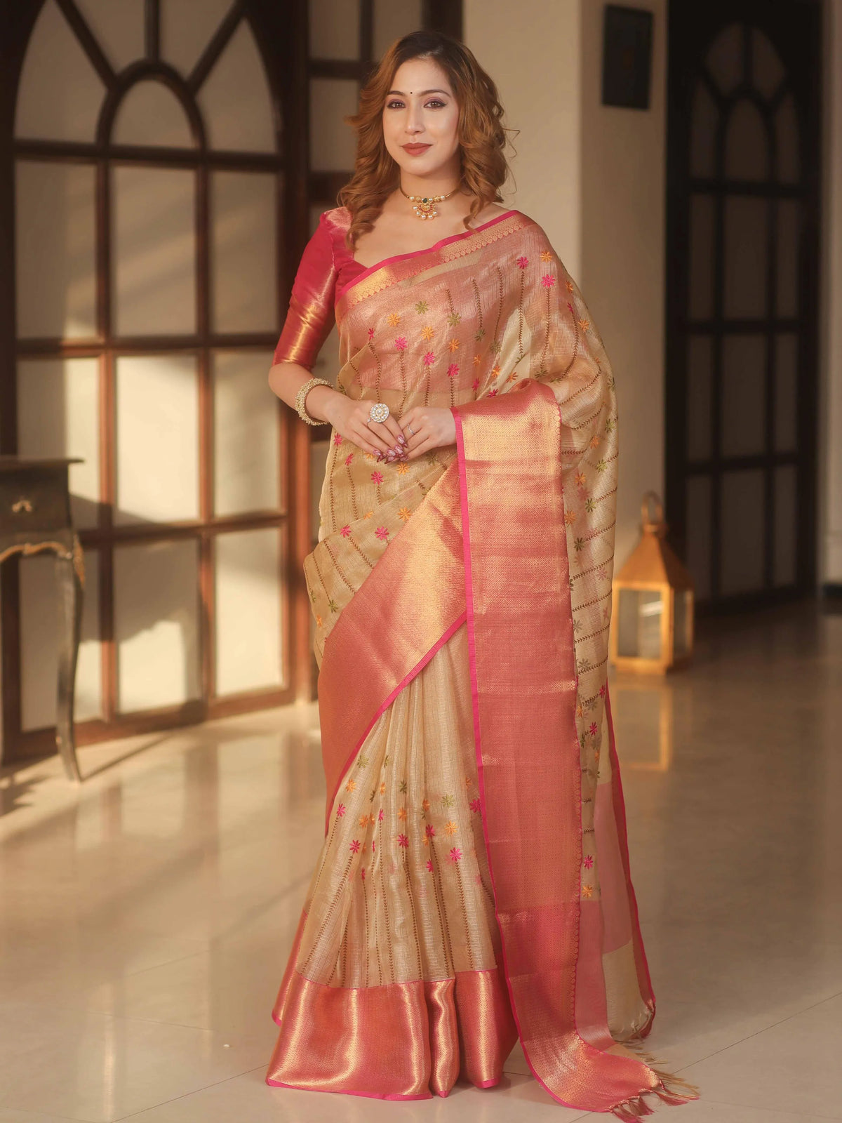 Banarasi Handwoven Embroidery Tissue Saree