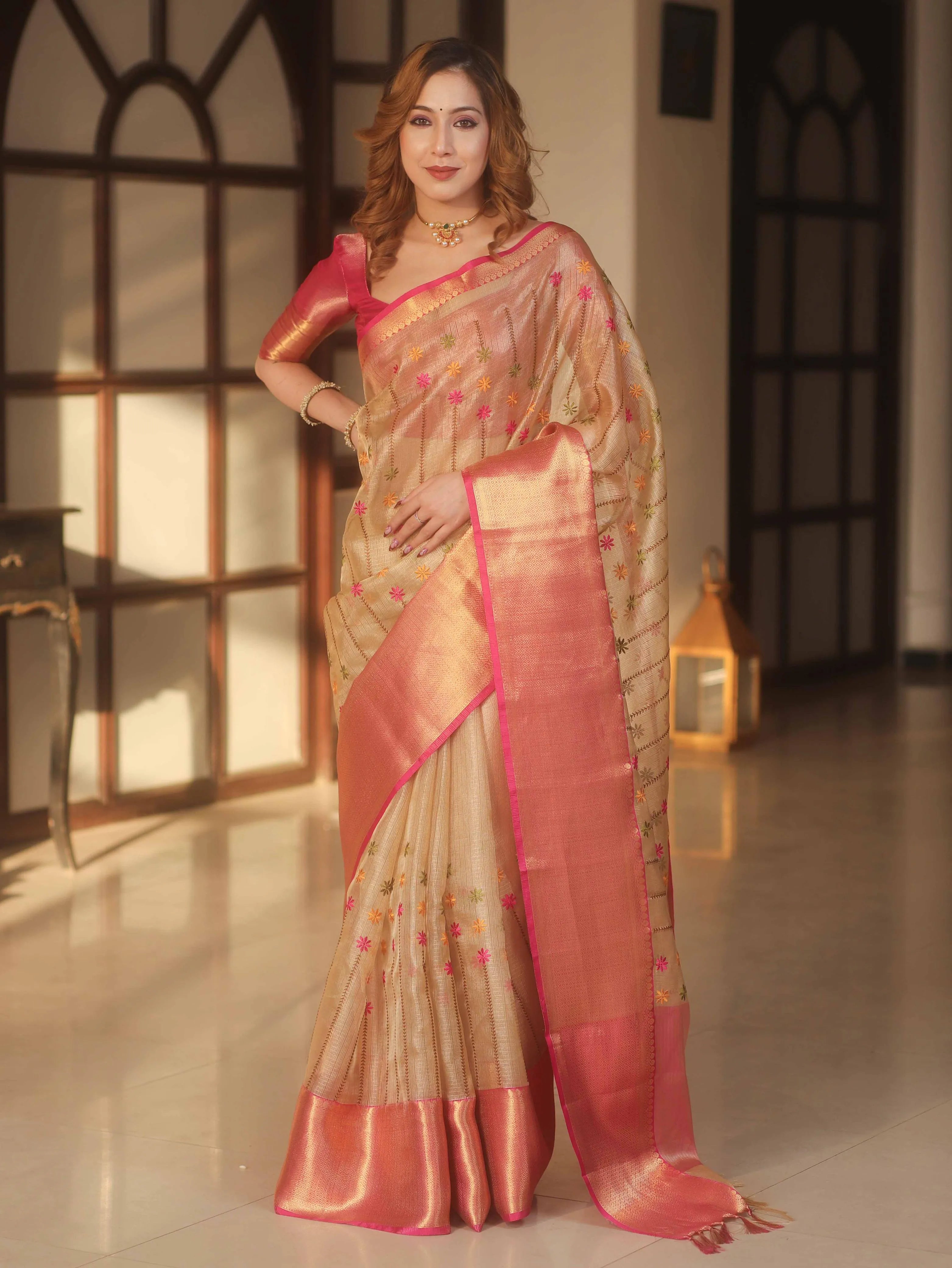 Banarasi Handwoven Embroidery Tissue Saree