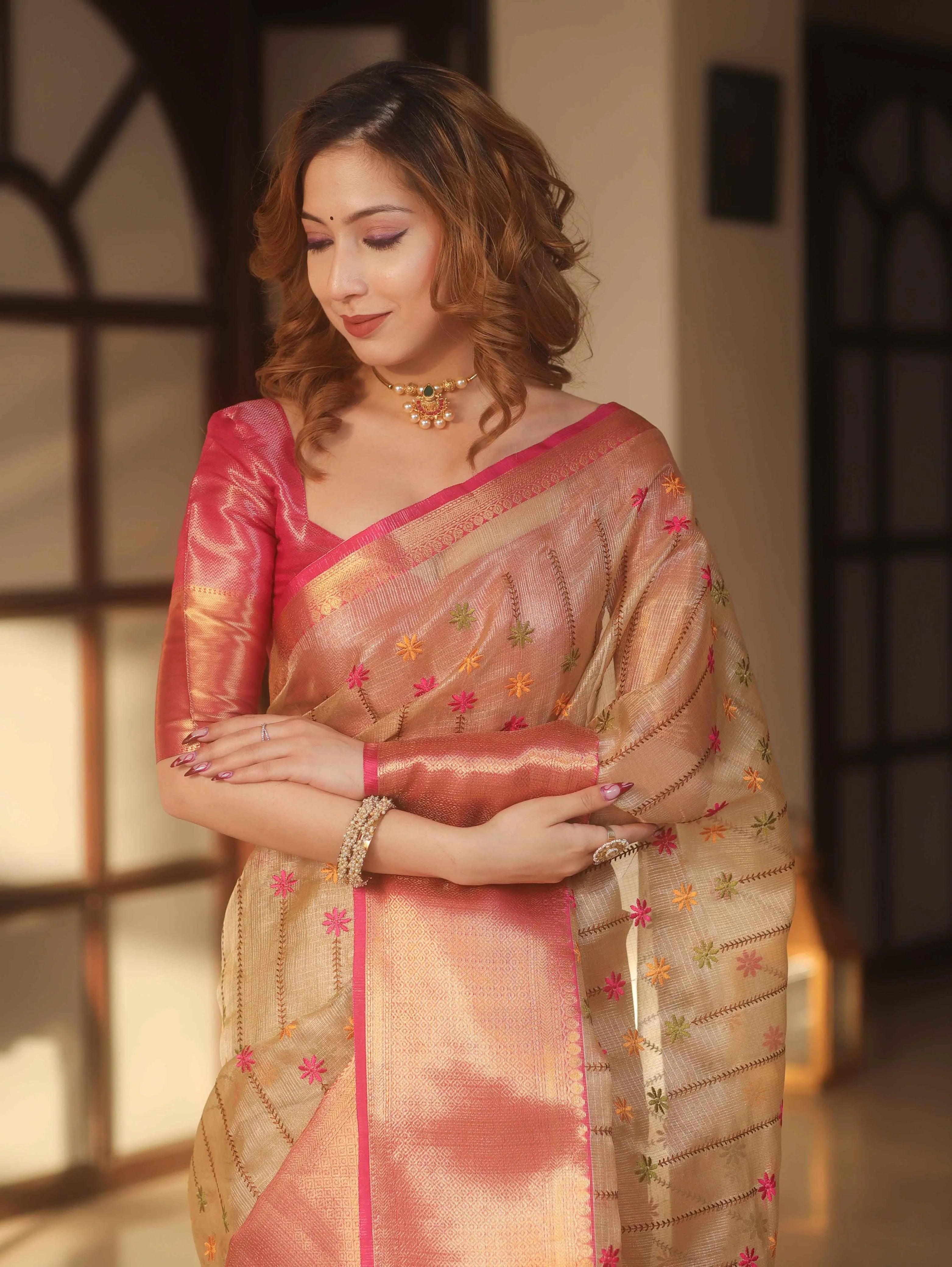 Banarasi Handwoven Embroidery Tissue Saree