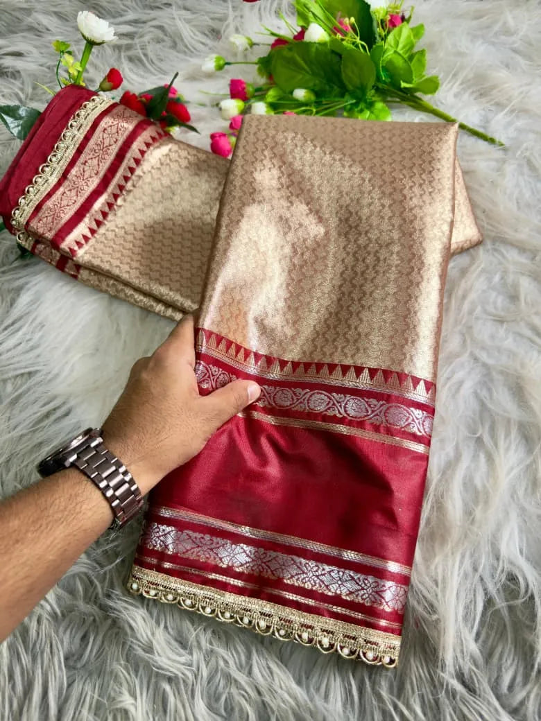 Rich Golden-Beige and Maroon Silk Saree