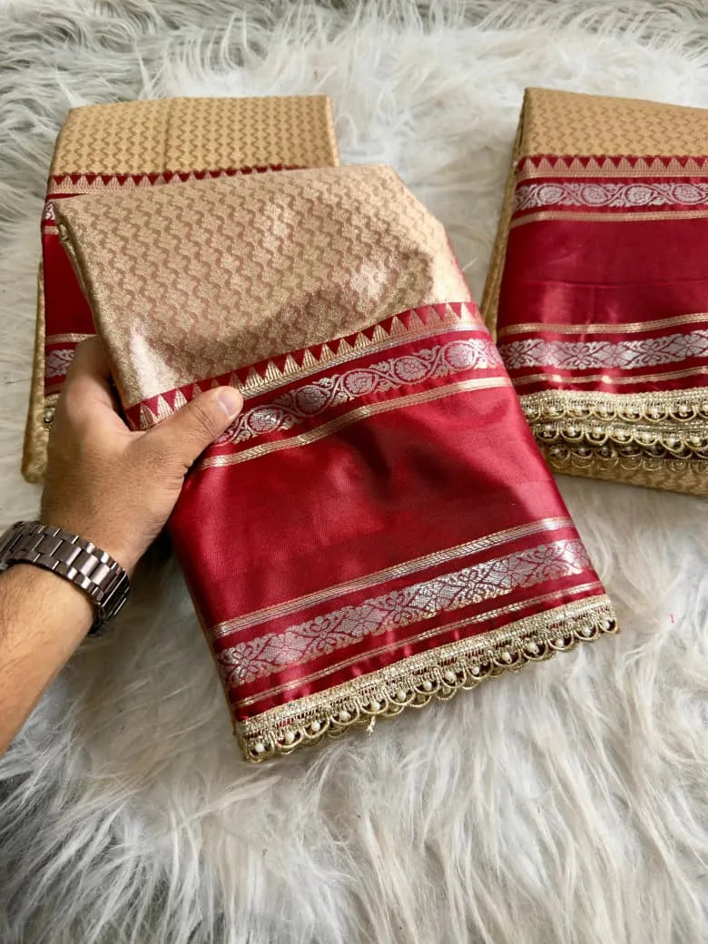 Rich Golden-Beige and Maroon Silk Saree