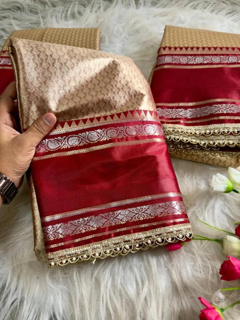 Rich Golden-Beige and Maroon Silk Saree