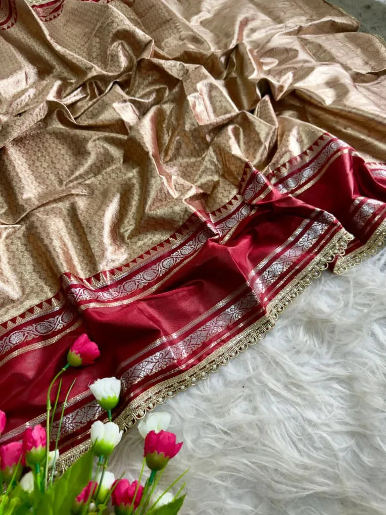 Rich Golden-Beige and Maroon Silk Saree