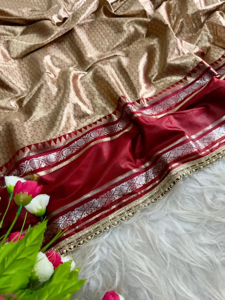 Rich Golden-Beige and Maroon Silk Saree