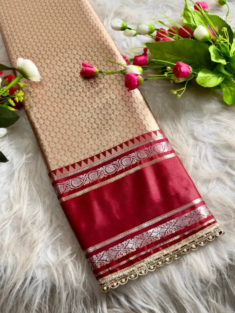 Rich Golden-Beige and Maroon Silk Saree
