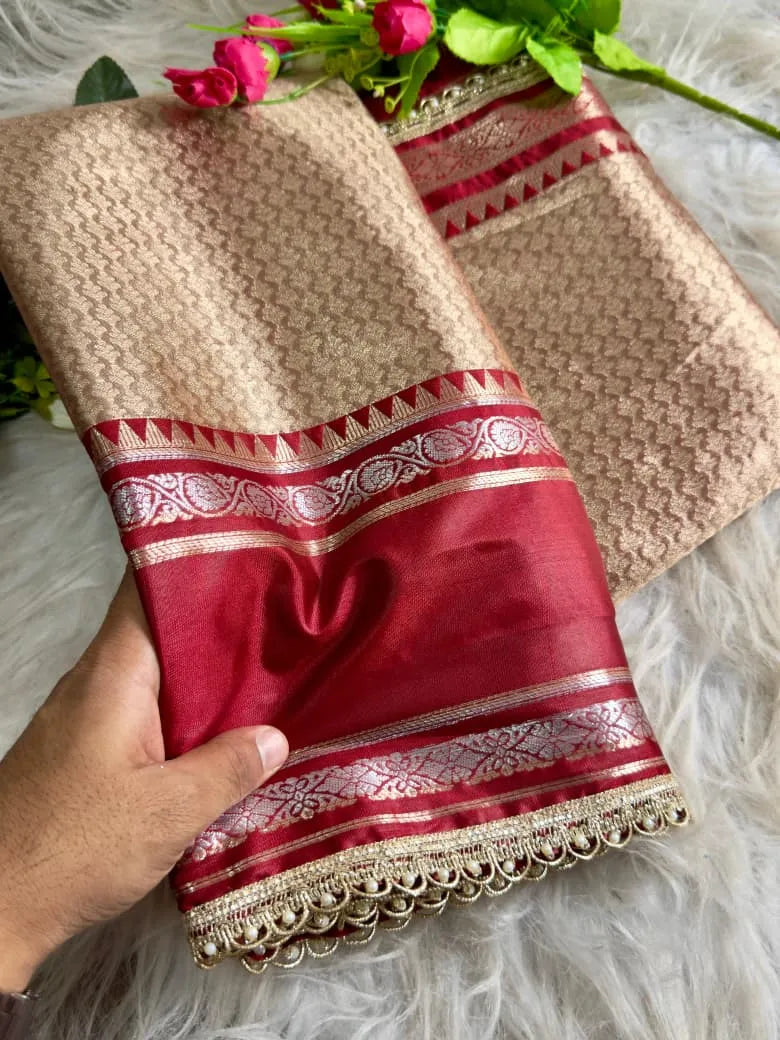 Rich Golden-Beige and Maroon Silk Saree