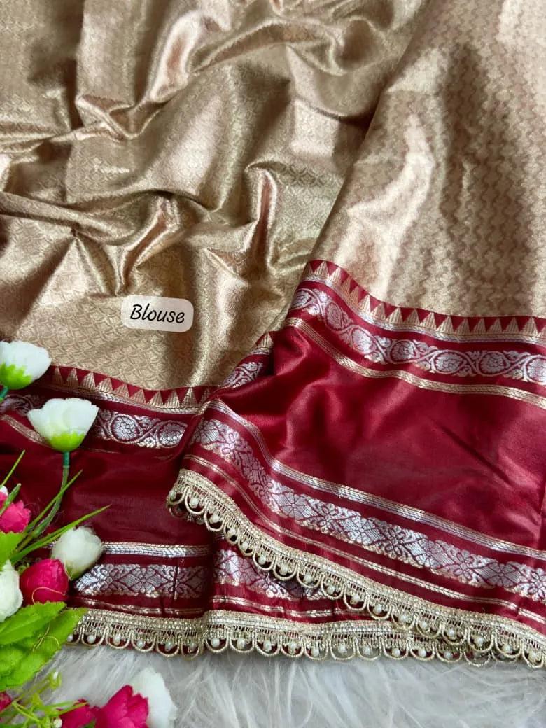 Rich Golden-Beige and Maroon Silk Saree