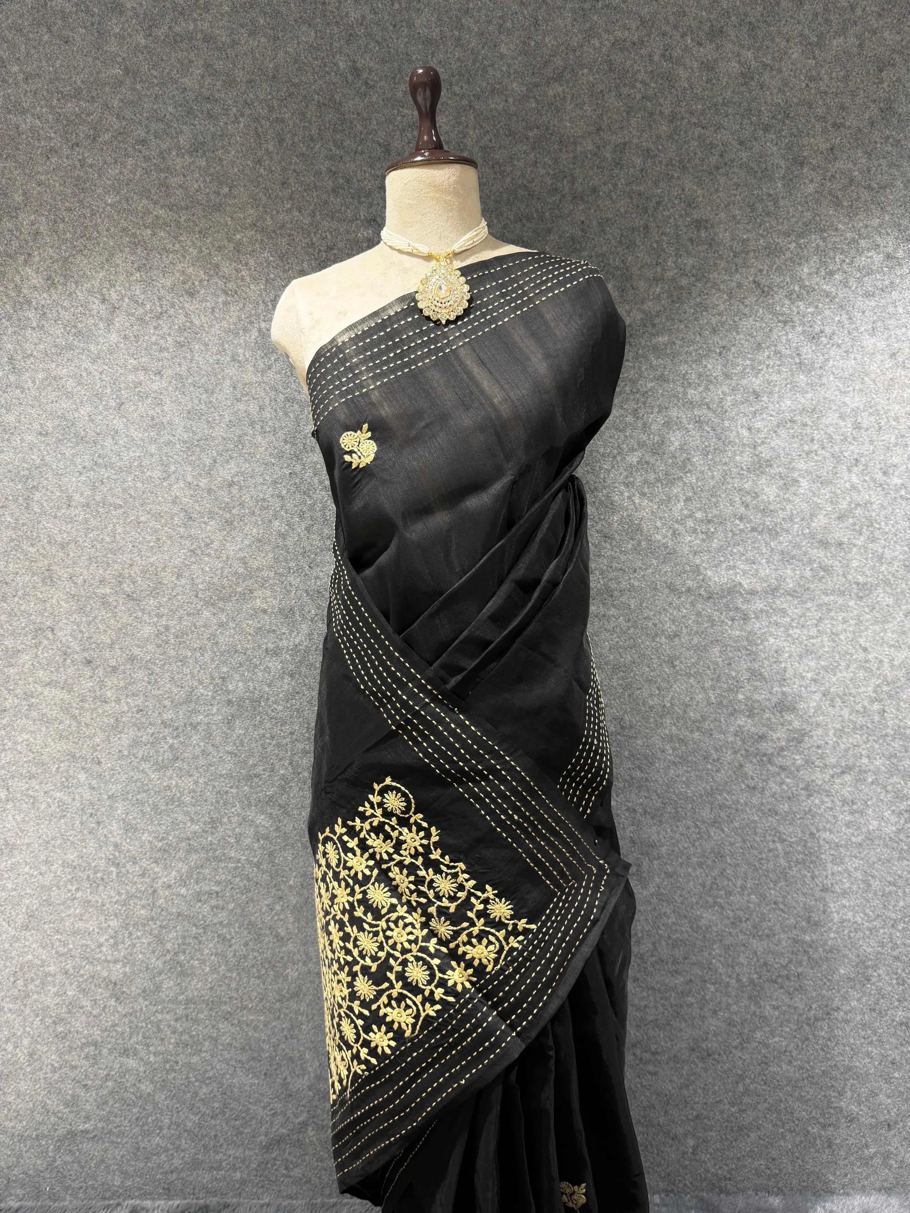 Black Matka Silk Embroidery Saree