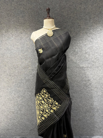 Black Matka Silk Embroidery Saree