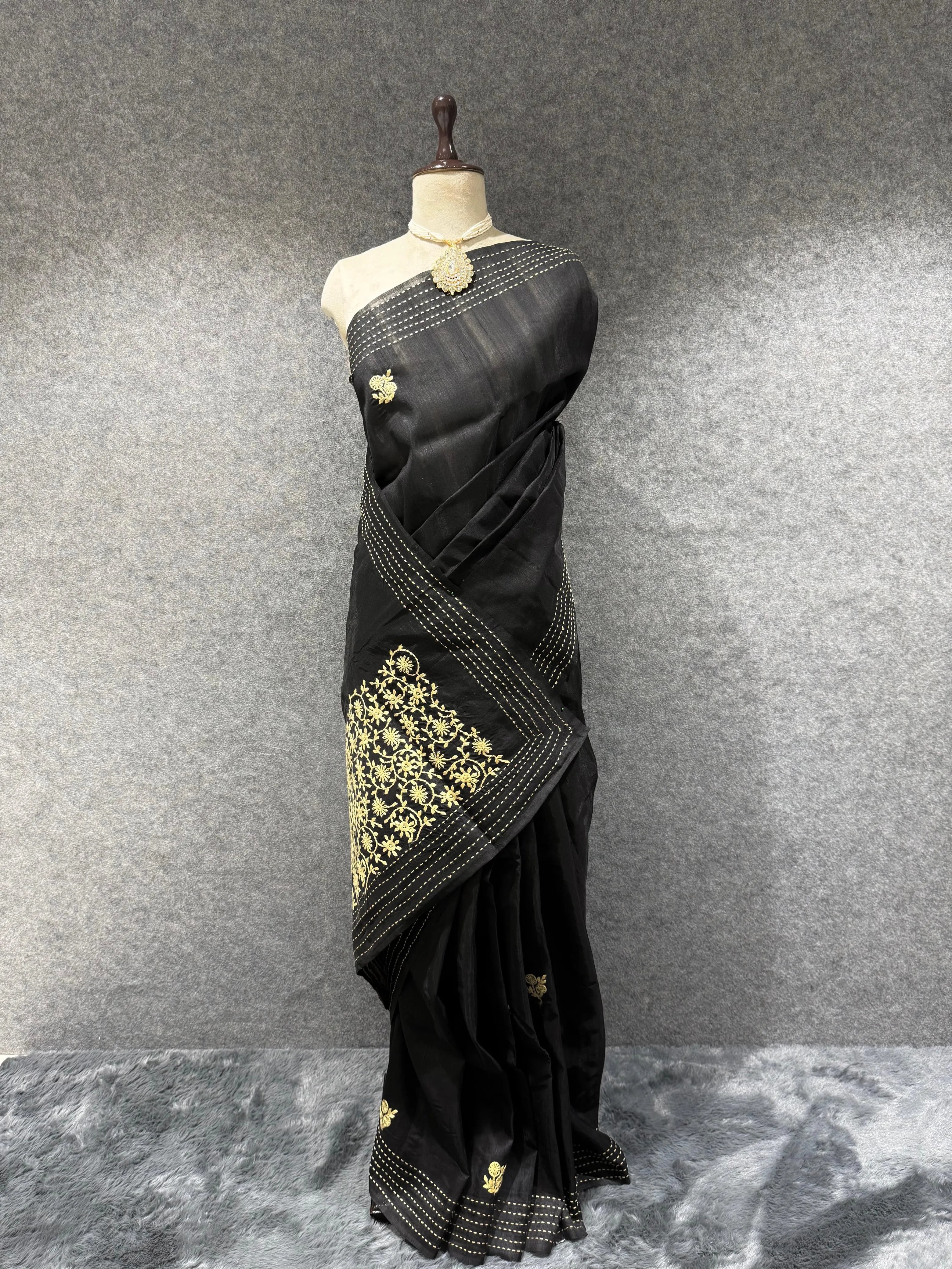Black Matka Silk Embroidery Saree
